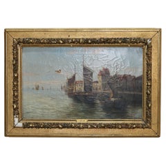 Antique Venetian Oil on Canvas Harbor Scene by C. Russo, Framed, C1890