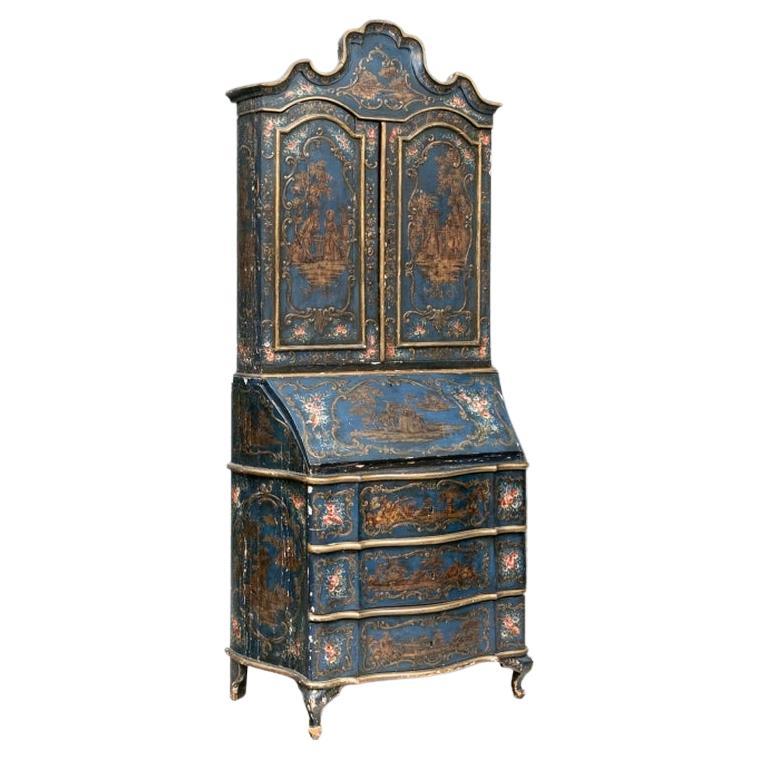 Antique Venetian Paint Decorated Secretary Bookcase