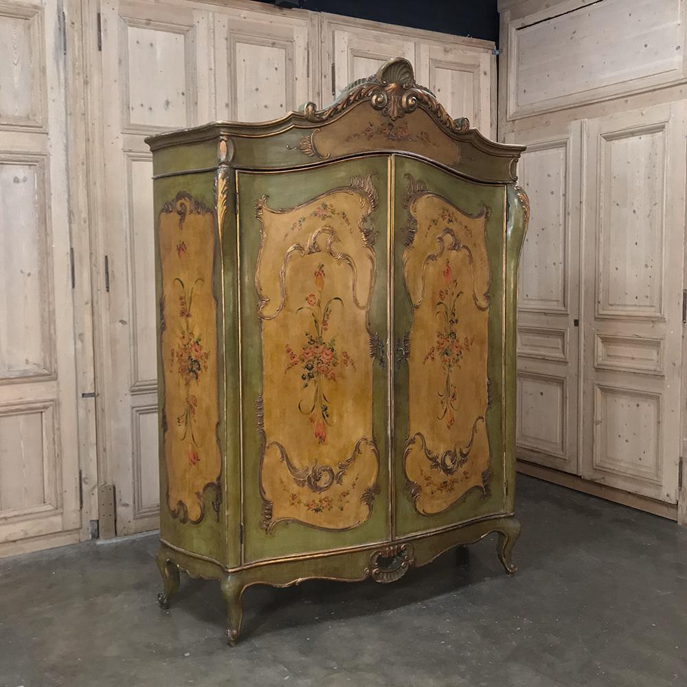 Antique Venetian painted Baroque five-piece bedroom suite consists of an exquisitely painted double door armoire, queen-size bed, bombe commode, nightstand and mirrored vanity!
Note: Each piece is sold separately on our site and in our Dallas