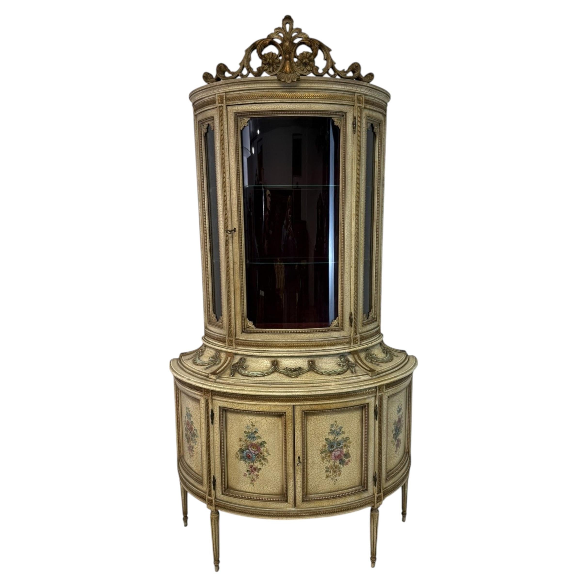 Antique Venetian Painted Display Cabinet with Glass Shelves