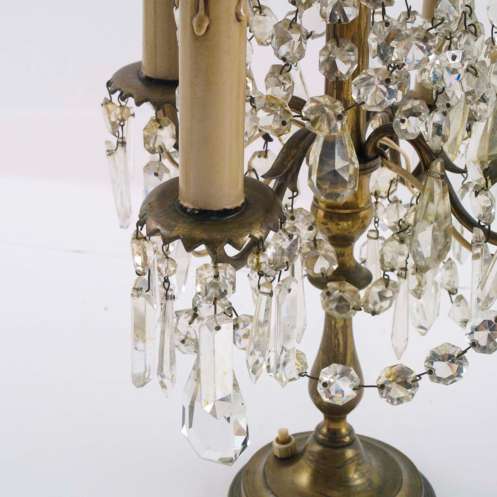 20th Century Antique Venetian Pair Electrified Girandoles Candelabra, Swaroski Crystal, Gilt For Sale