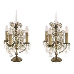 Antique Venetian Pair Electrified Girandoles Candelabra, Swaroski Crystal, Gilt