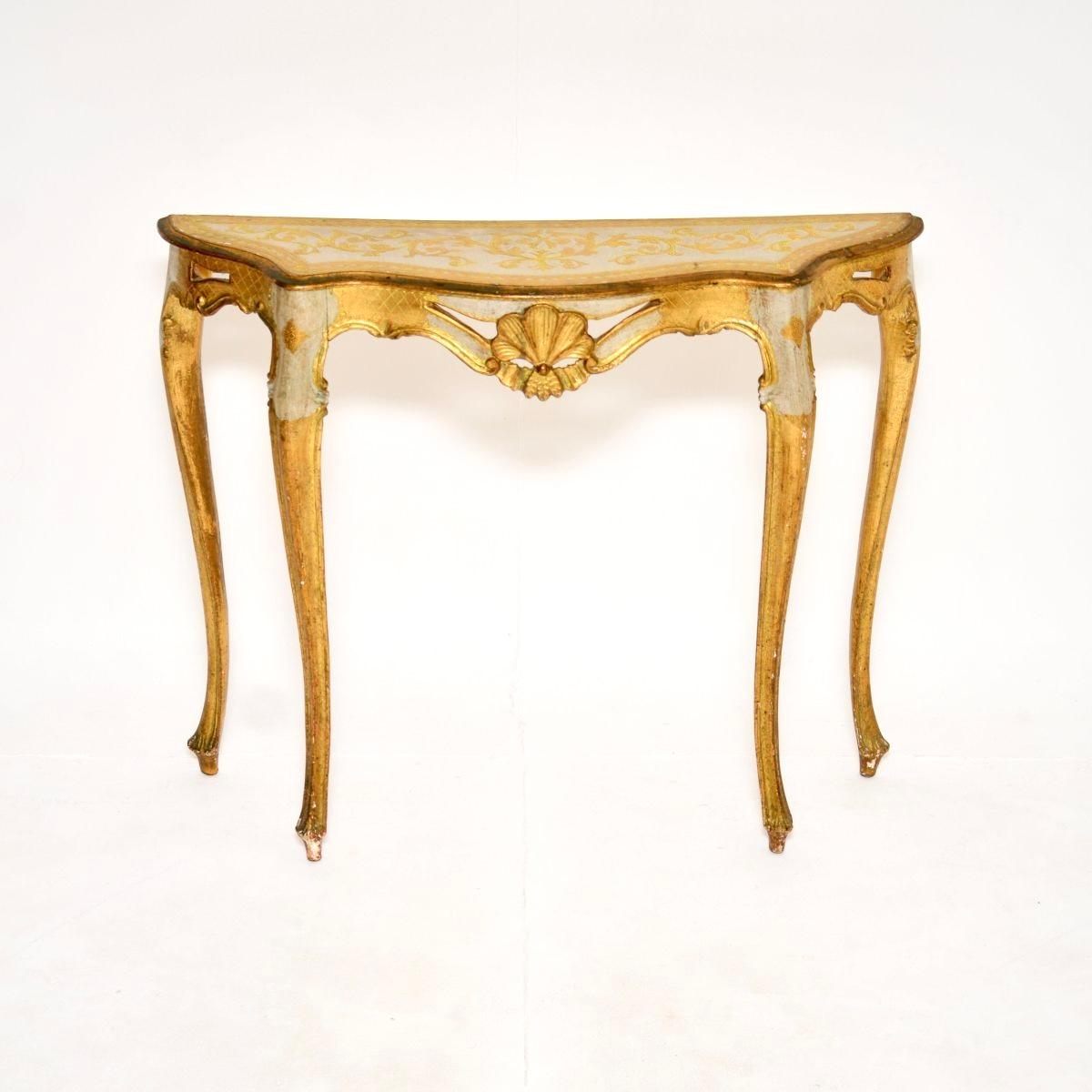 A stunning antique Venetian parcel gilt console table. This was made in Italy, it dates from around the 1930’s.

It is of superb quality and has a gorgeous design. It is a very useful size, being quite wide and very slim from front to back. There is