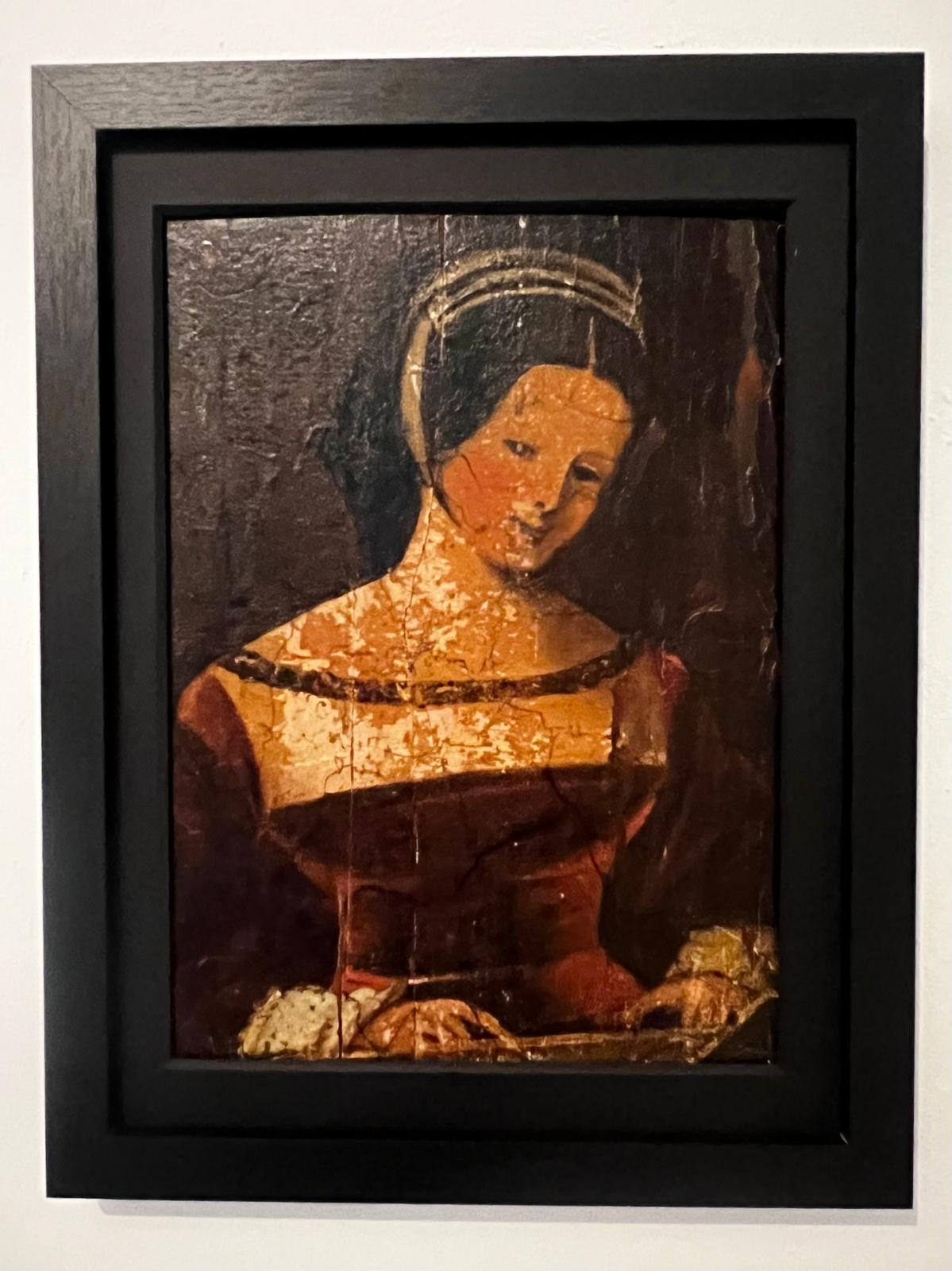 Ein stimmungsvolles Ölgemälde aus der venezianischen Renaissance auf Holz, das ein anmutiges Damenporträt zeigt. Der ruhige Ausdruck des Porträtierten und die raffinierte Komposition erinnern an die Eleganz der venezianischen Schule von Tizian und