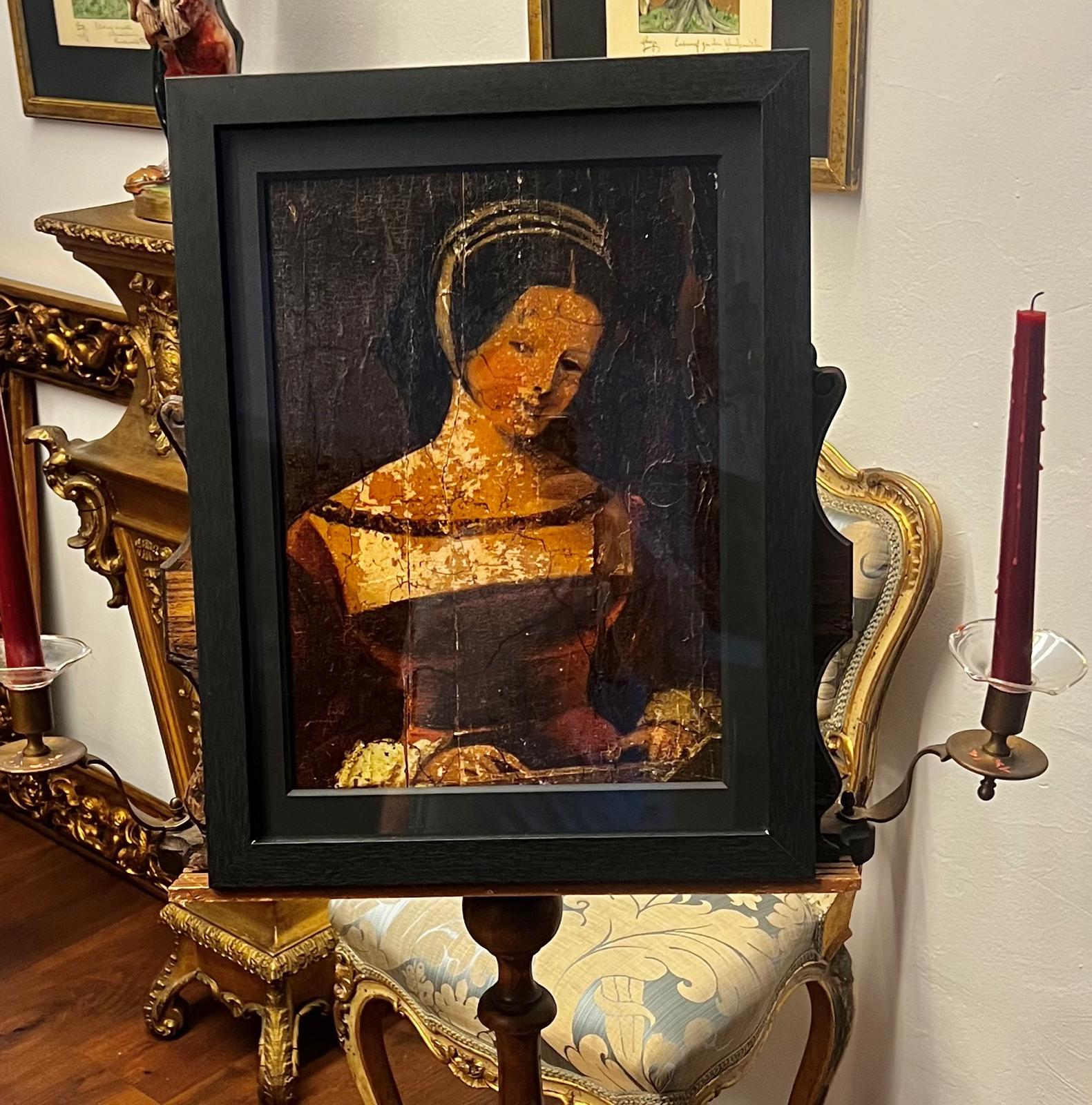 Antike venezianische Porträt einer Dame Renaissance Öl auf Holz im Zustand „Relativ gut“ im Angebot in Doha, QA