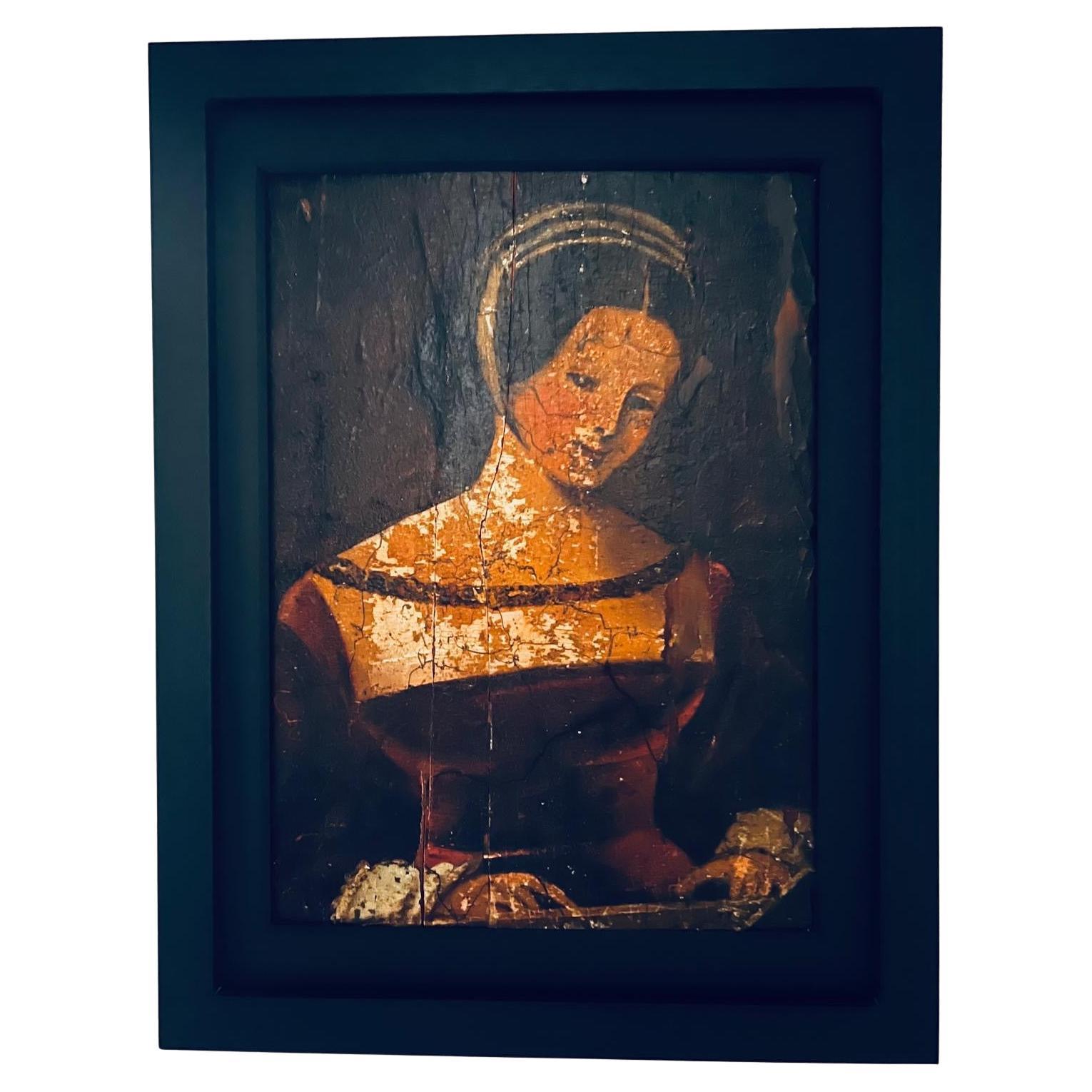 Antike venezianische Porträt einer Dame Renaissance Öl auf Holz im Angebot