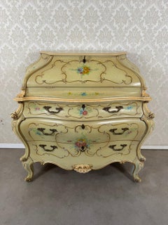 Antique Venetian Rococo Bombe Secretary Desk, Hand Painted Floral Bureau