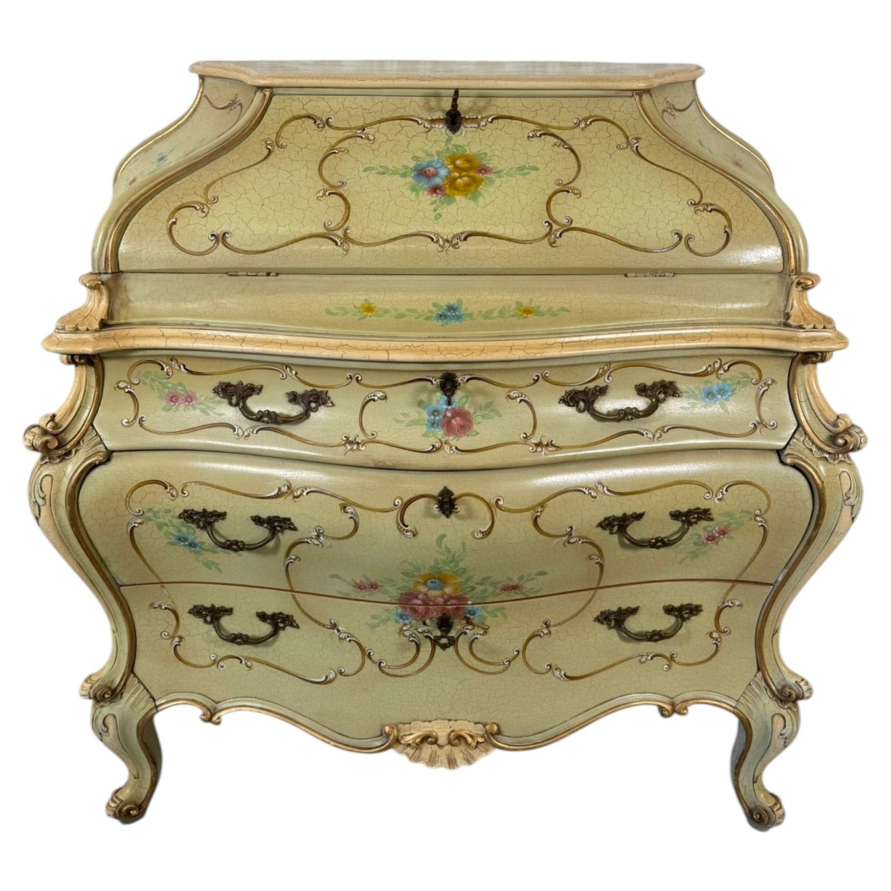 Antique Venetian Rococo Bombe Secretary Desk, Hand Painted Floral Bureau