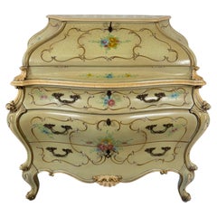 Antique Venetian Rococo Bombe Secretary Desk, Hand Painted Floral Bureau