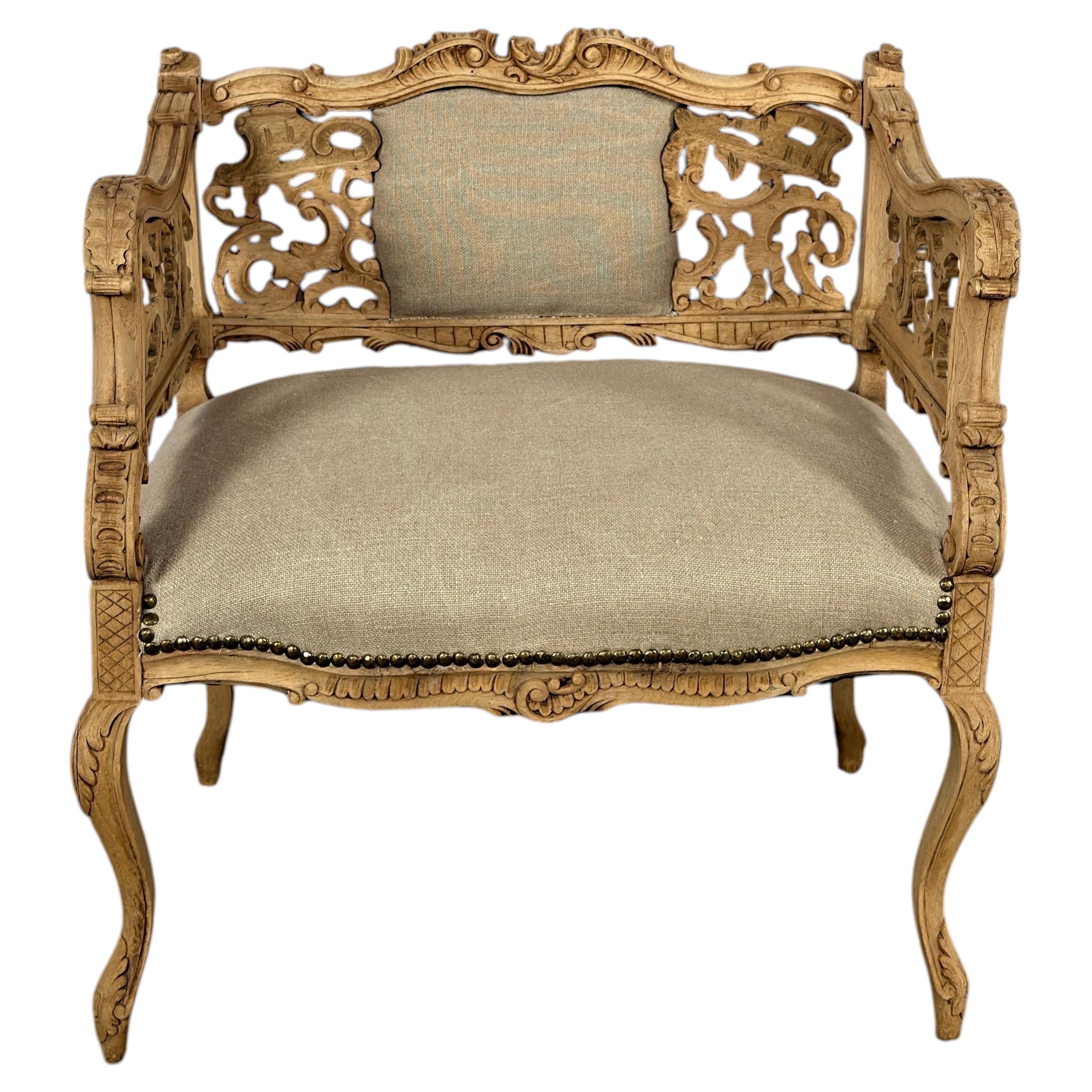 Antique Venetian Rococo Pierced Bench Settee- Hand Carved Bleached Walnut For Sale