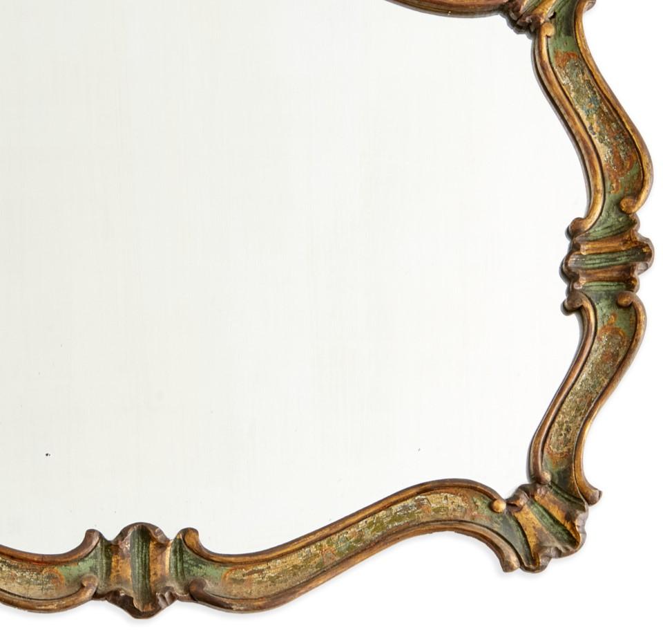 Antique Venetian Rococo Style Polychrome Painted and Parcel Gilt Wall Mirror In Good Condition In Morristown, NJ