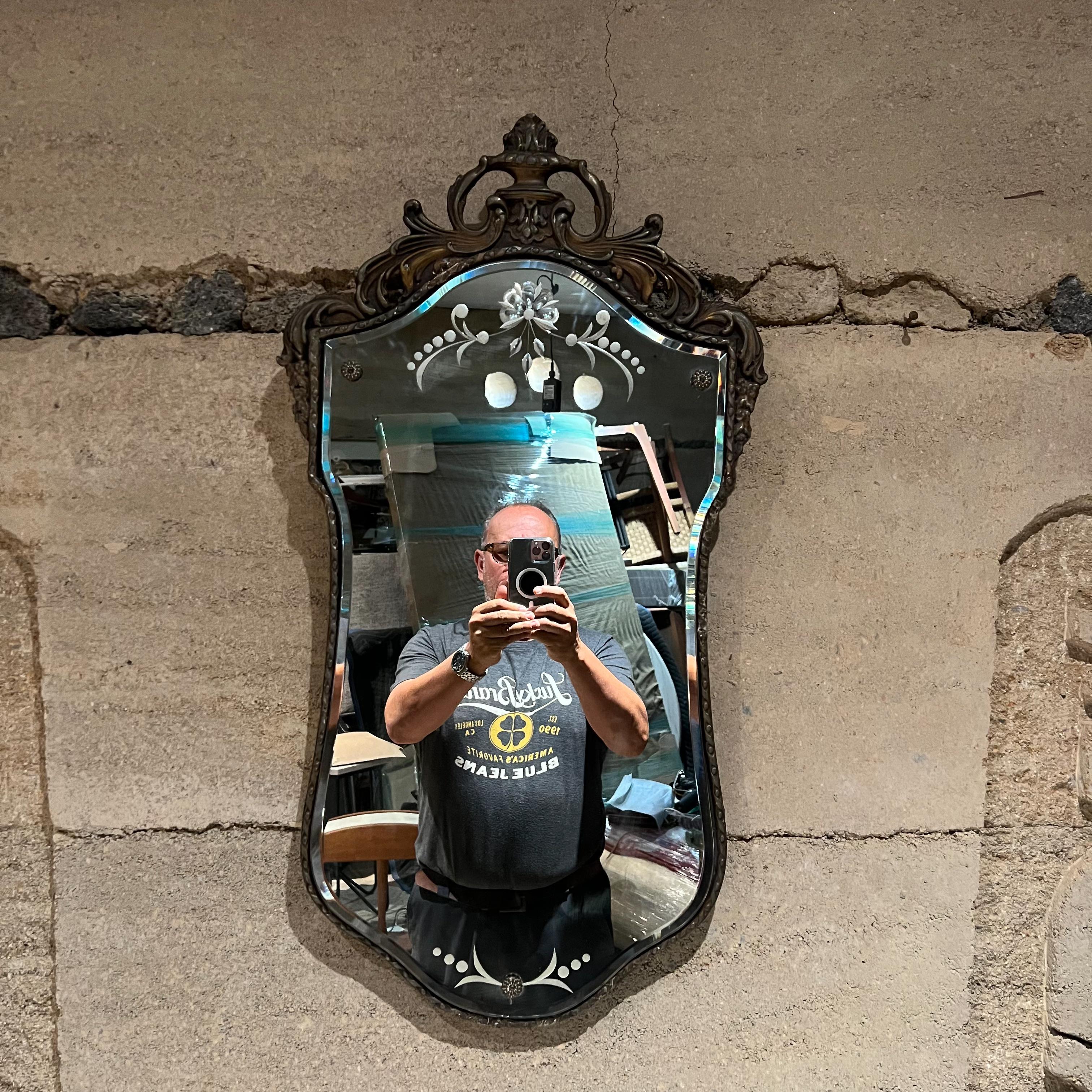 Mid-Century Modern 1950s Venetian Shield Wall Mirror Carved Giltwood Italy