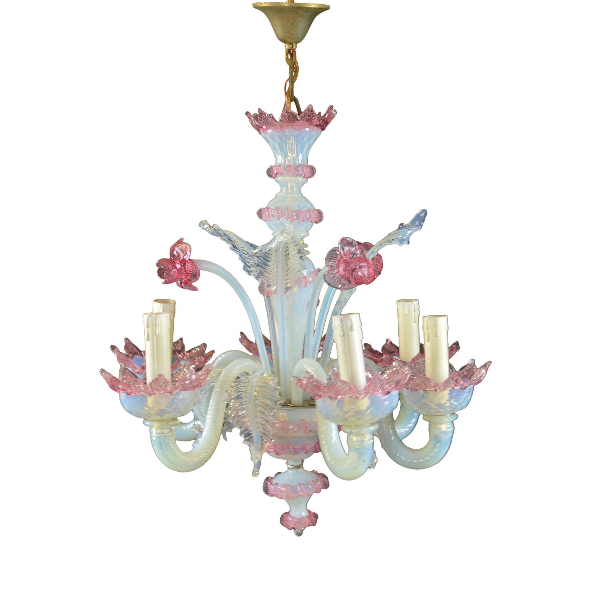 Antique Venetian Six-Light Opalescent Frond and Daffodil Chandelier