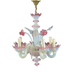 Antique Venetian Six-Light Opalescent Frond and Daffodil Chandelier