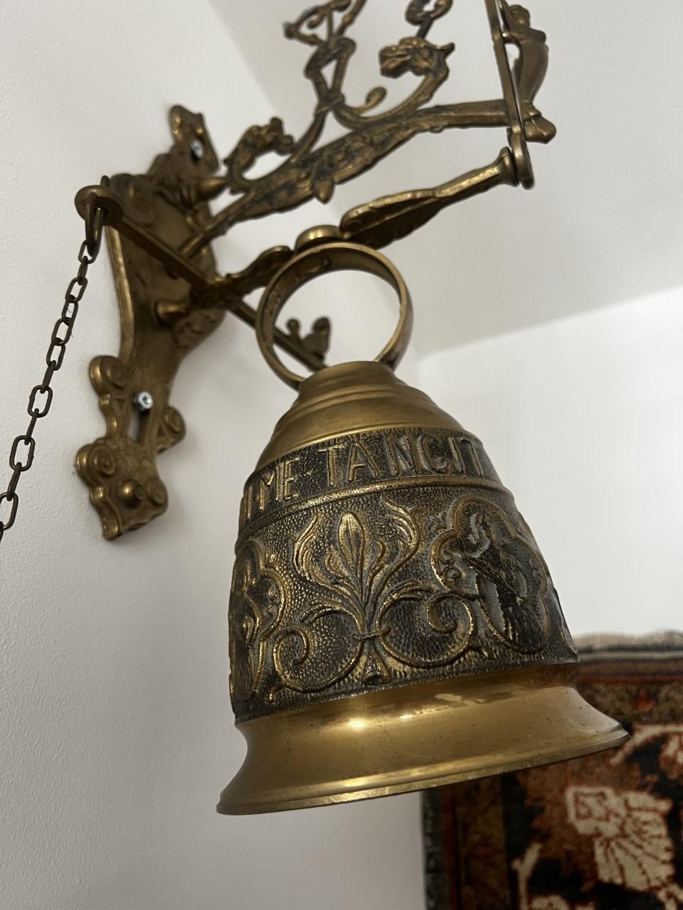 Italian Antique Venetian Solid Bronze Servant Bell with Red Velvet and Bronze Bell Pull For Sale