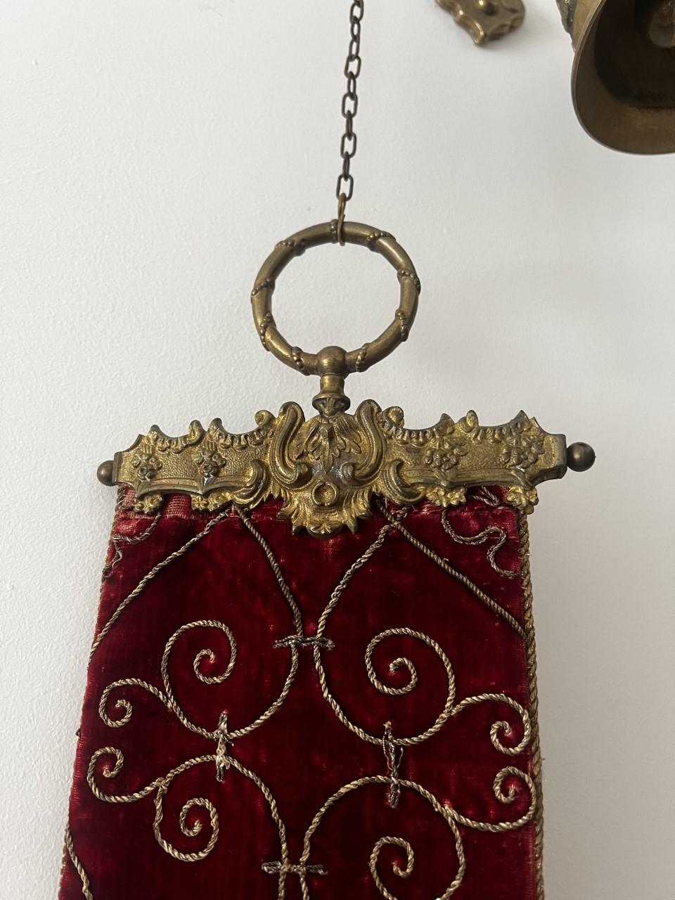 Italian Antique Venetian Solid Bronze Servant Bell with Red Velvet and Bronze Bell Pull For Sale