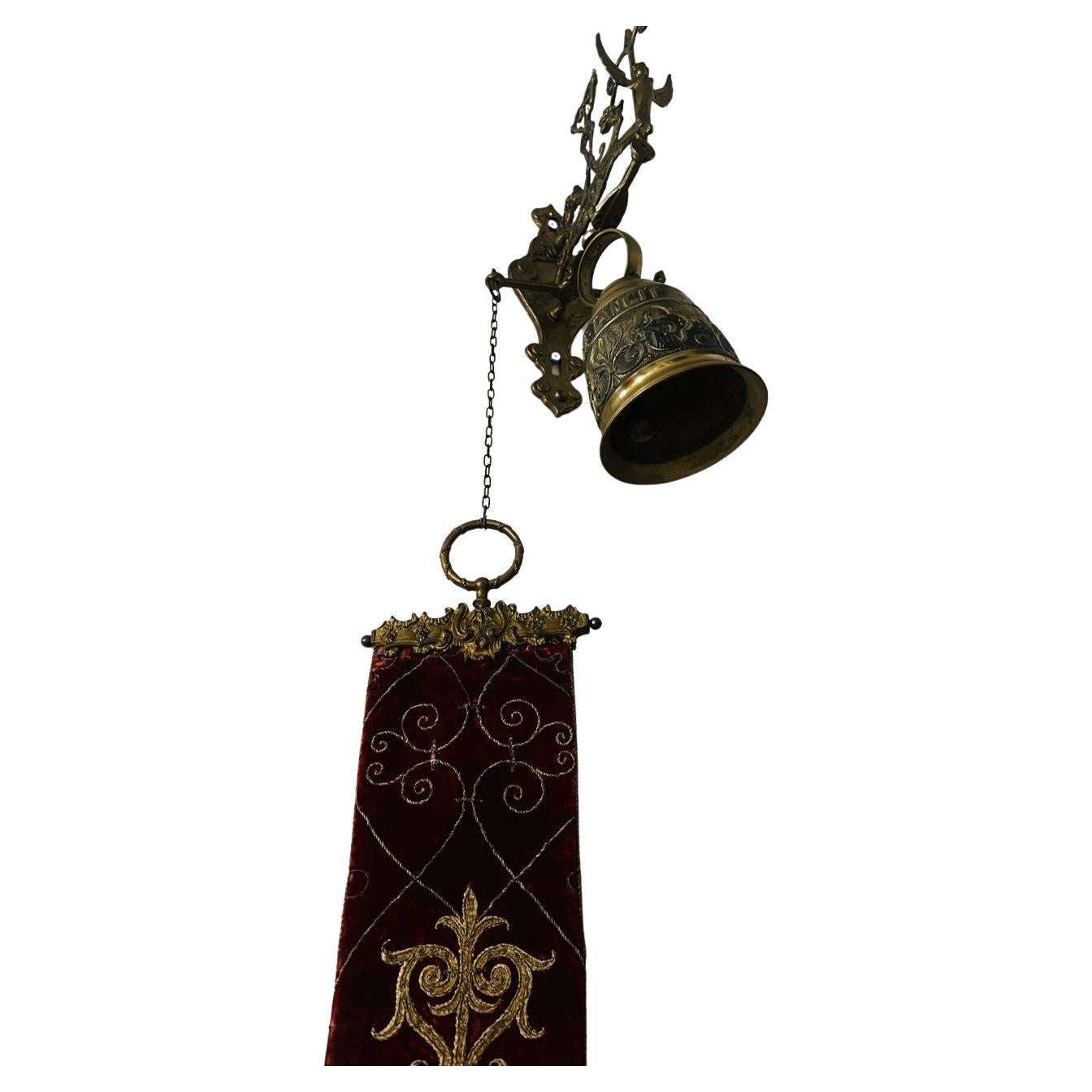 Antique Venetian Solid Bronze Servant Bell with Red Velvet and Bronze Bell Pull For Sale