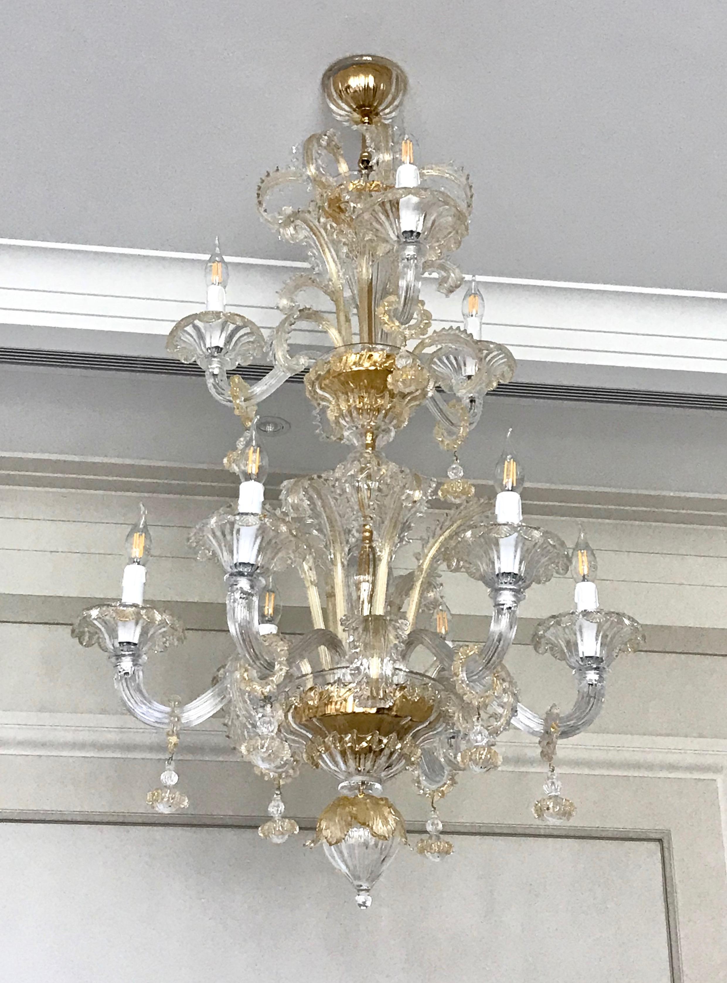 Venetian Baroque Style 9-Light Crystal Pure Gold Murano Glass Modern Chandelier For Sale 7