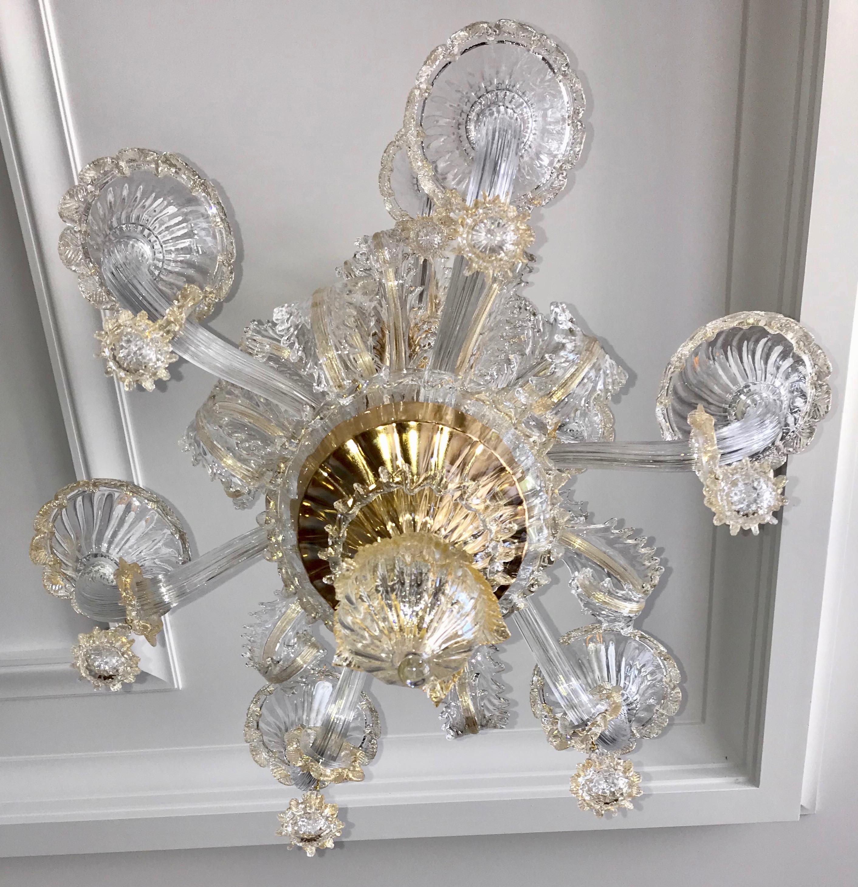 Baroque Revival Venetian Baroque Style 9-Light Crystal Pure Gold Murano Glass Modern Chandelier For Sale