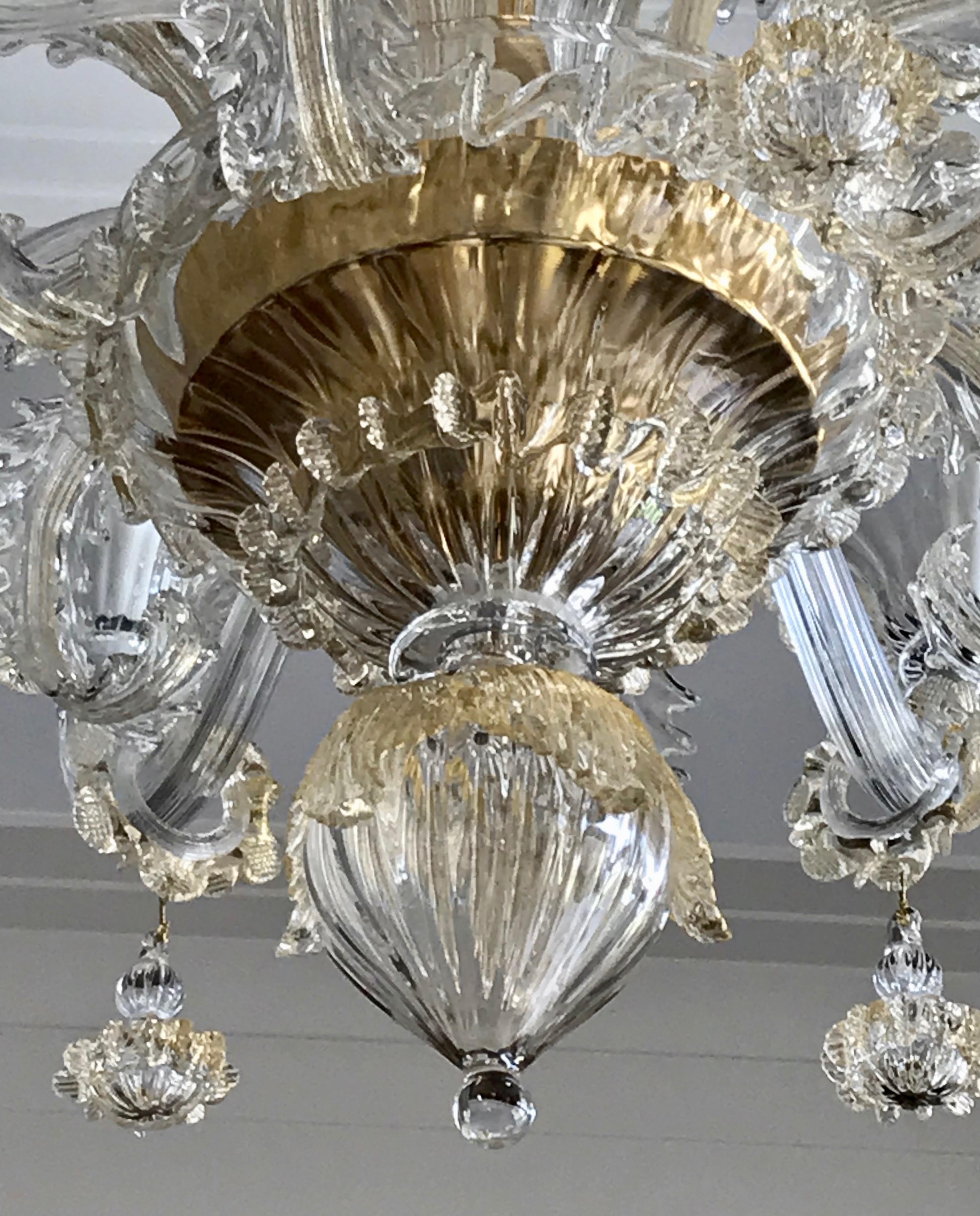 Italian Venetian Baroque Style 9-Light Crystal Pure Gold Murano Glass Modern Chandelier For Sale