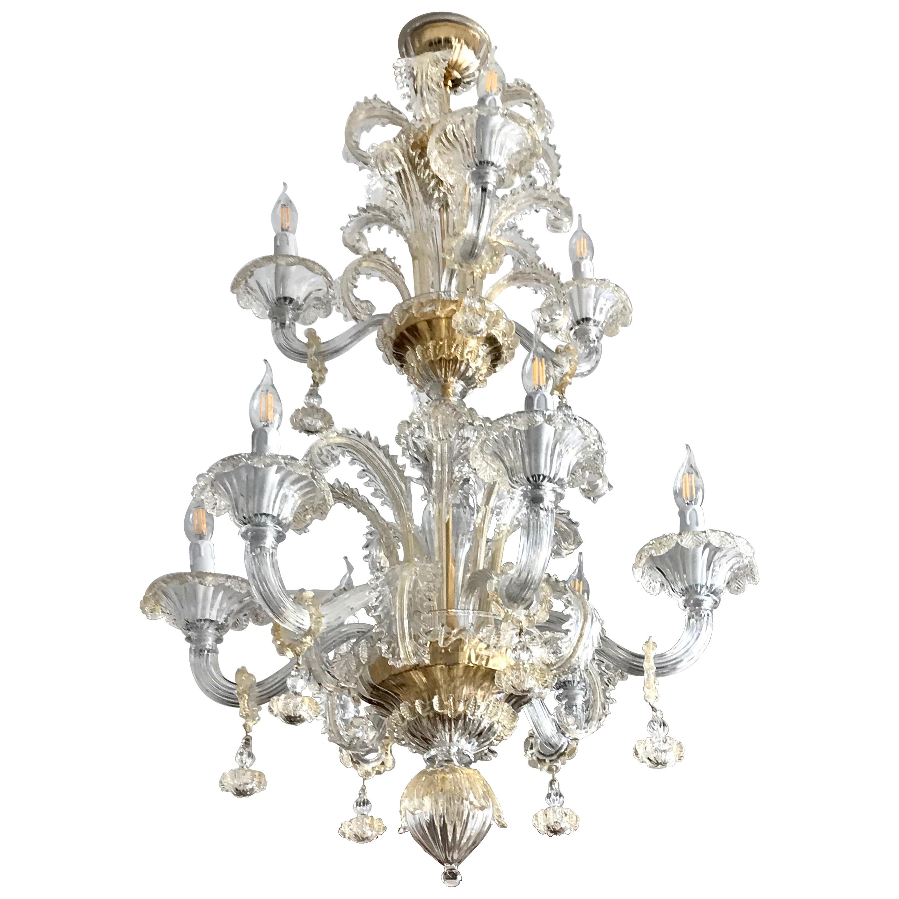 Venezianischer Barockstil, Moderner 9-Licht-Kronleuchter, Kristall, reines Gold, Muranoglas  im Angebot