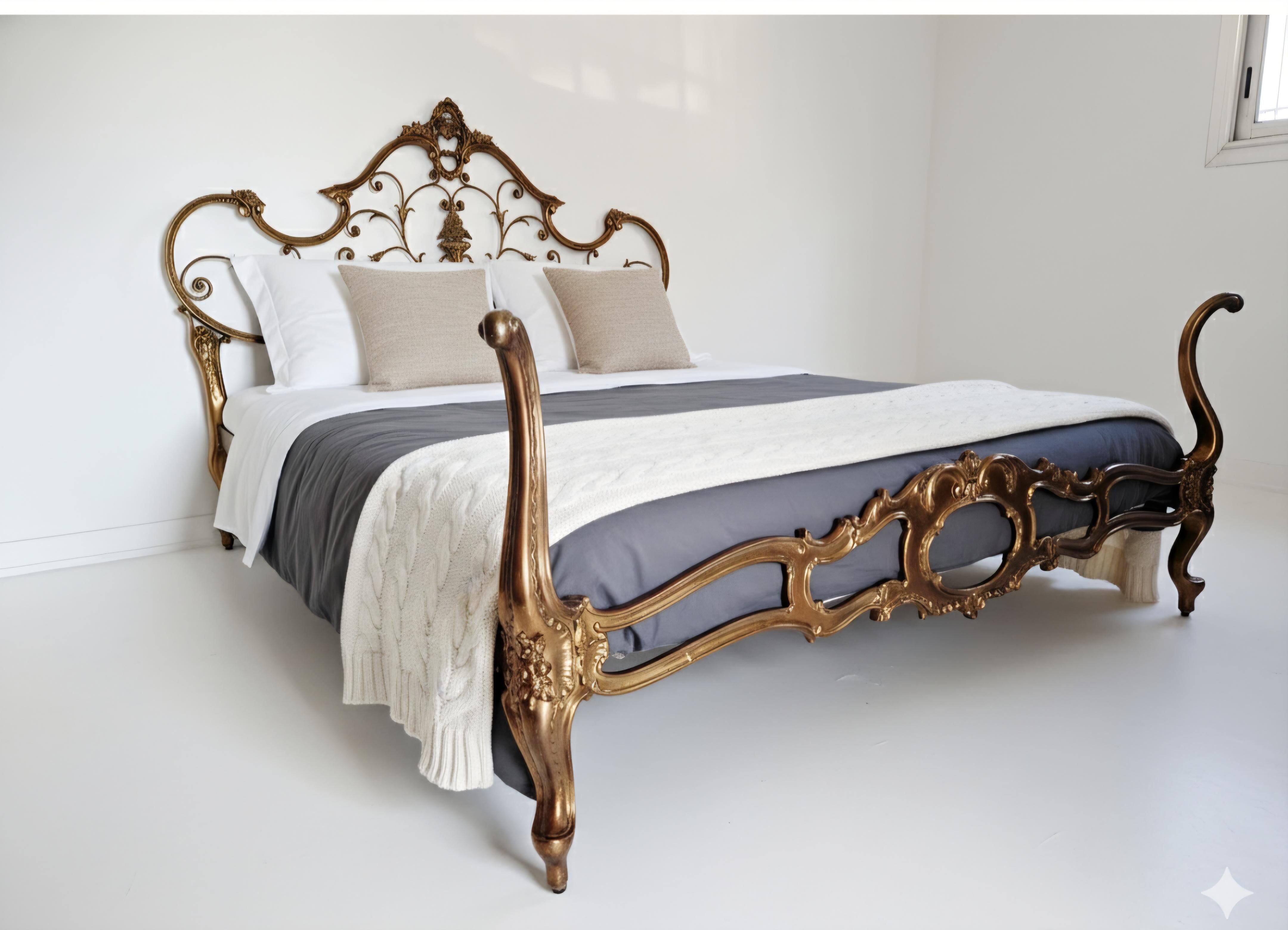 Cadre de lit exquis en or vénitien - un chef-d'œuvre intemporel ! 

Transformez votre chambre à coucher en un sanctuaire palatial avec ce cadre de lit antique de style vénitien à couper le souffle. Fabriquée avec des détails complexes et des métaux