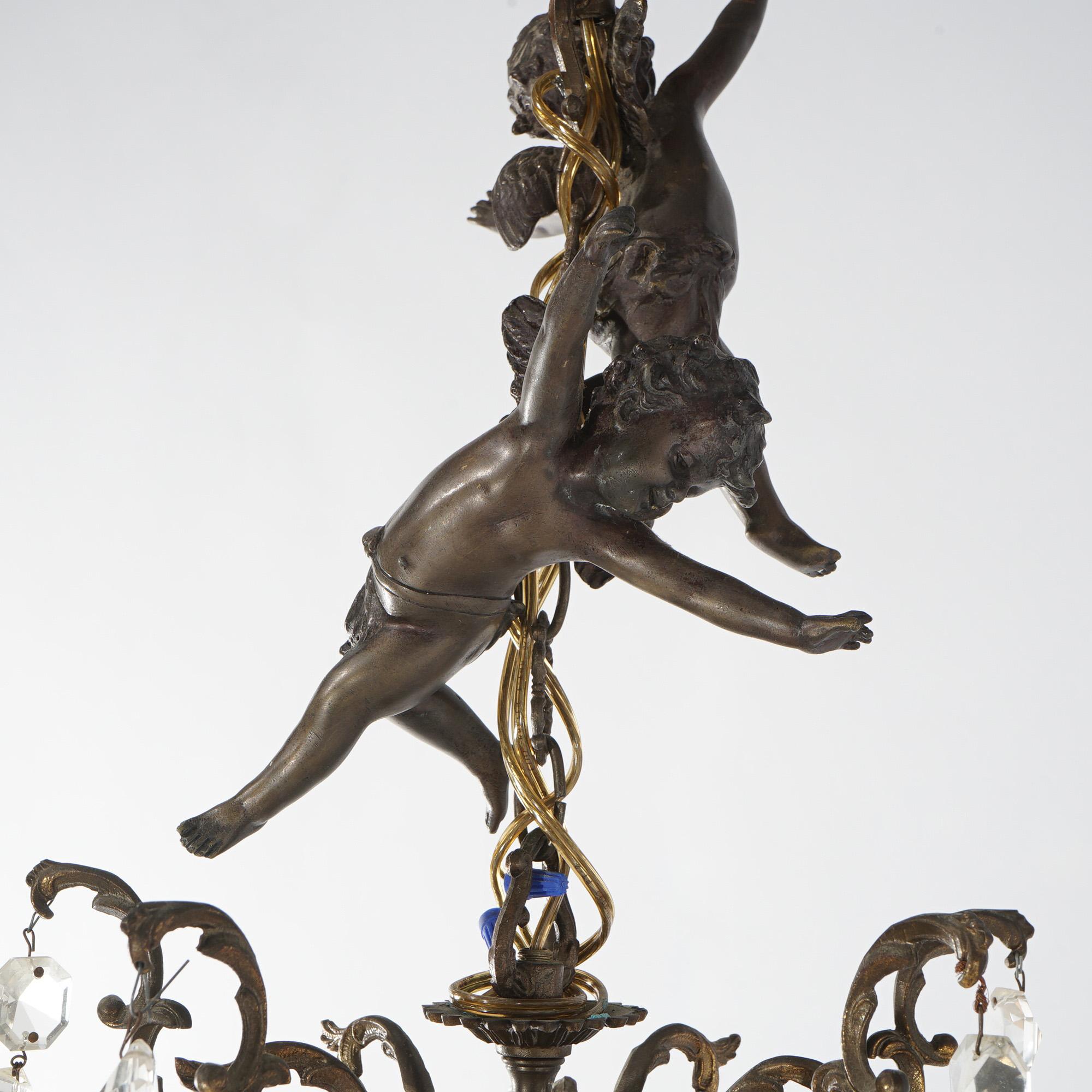 Antique Venetian Style Figural Cupid Five Light Crystal Chandelier C1900 In Good Condition In Big Flats, NY