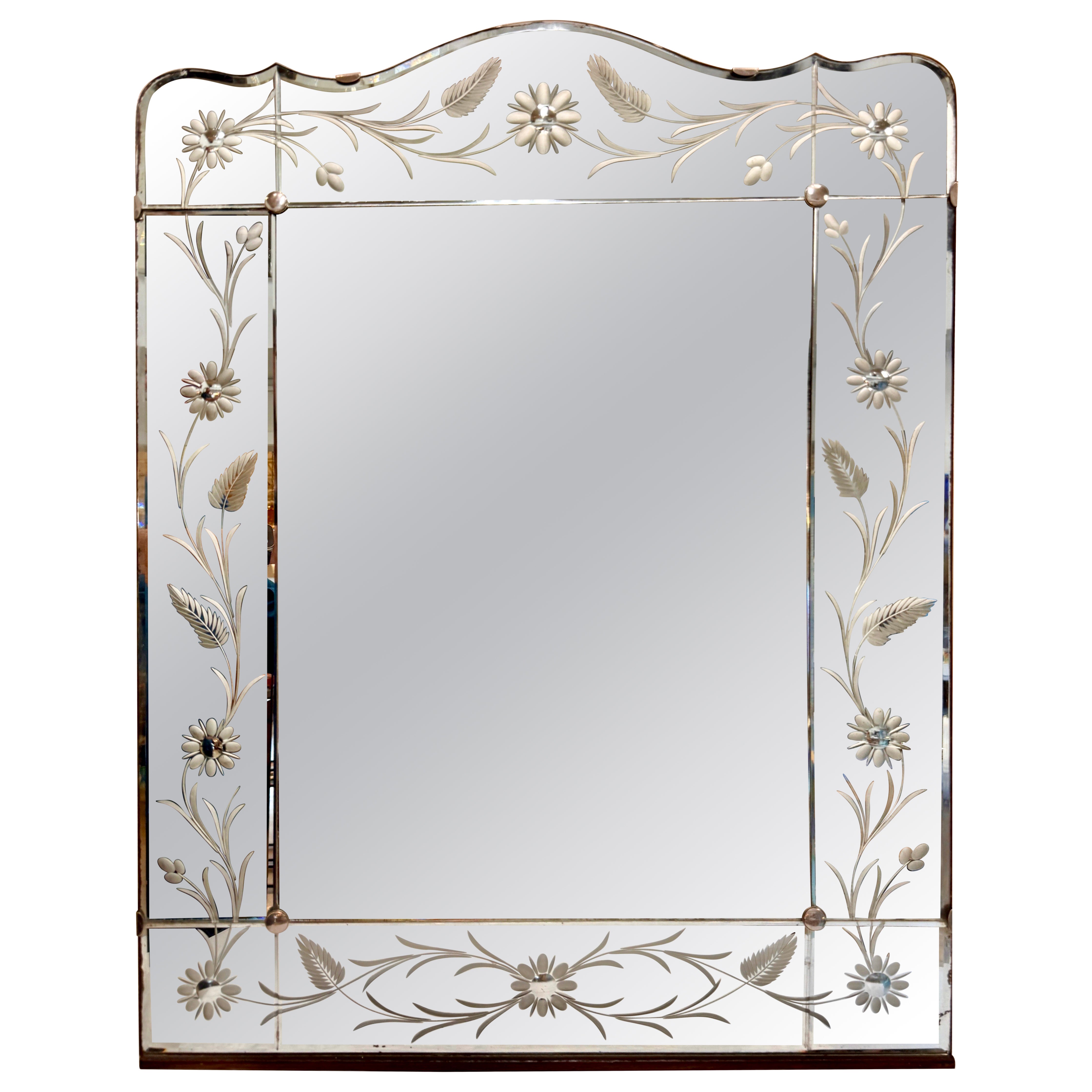 Antique Venetian Style Mirror with Etched Mirror and Flourished Decor For Sale