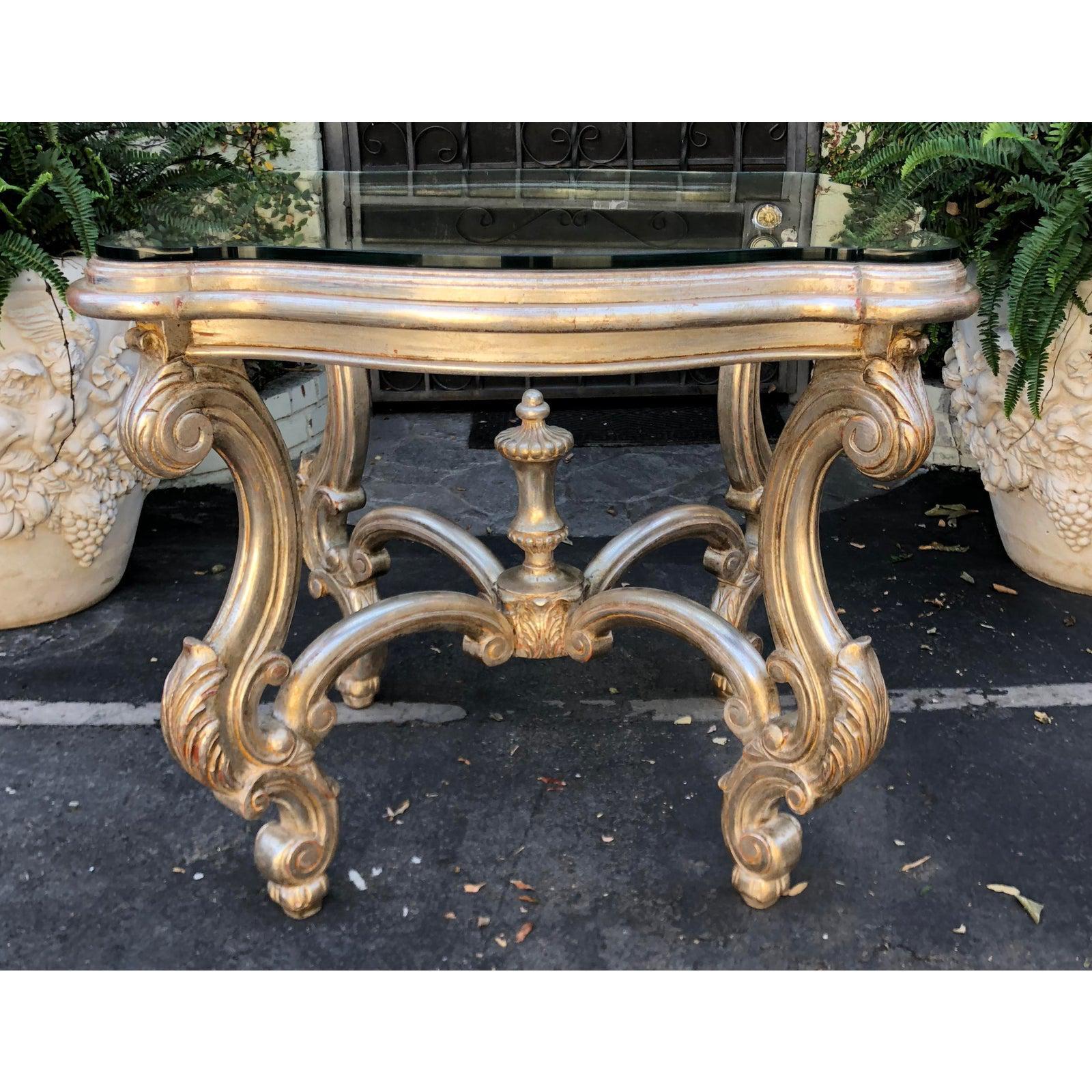 Glass Antique Venetian Style Silver Giltwood Designer Center or Side Table For Sale