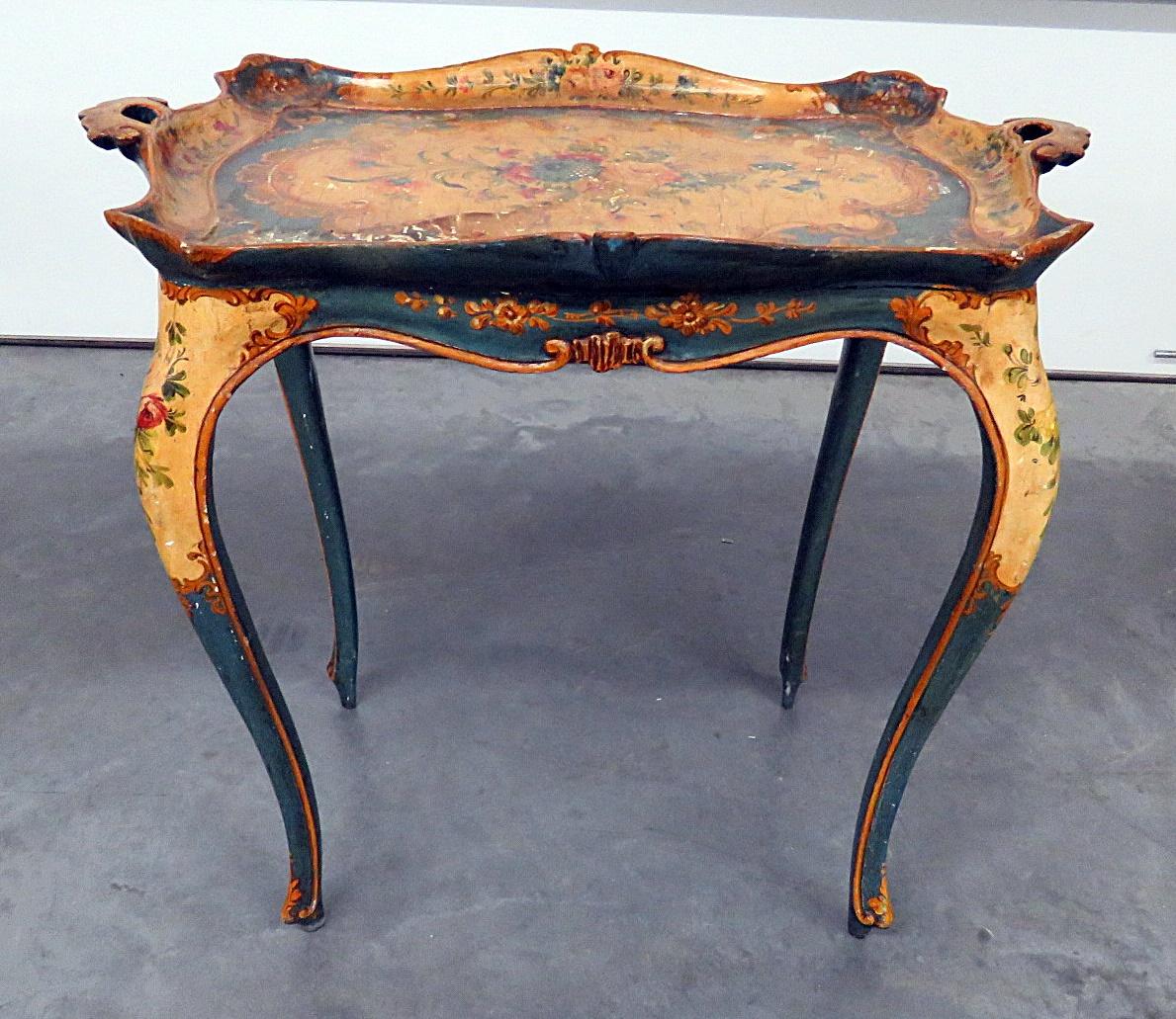 Paint Decorated Antique Venetian Center Tray Table C1920s In Fair Condition In Swedesboro, NJ