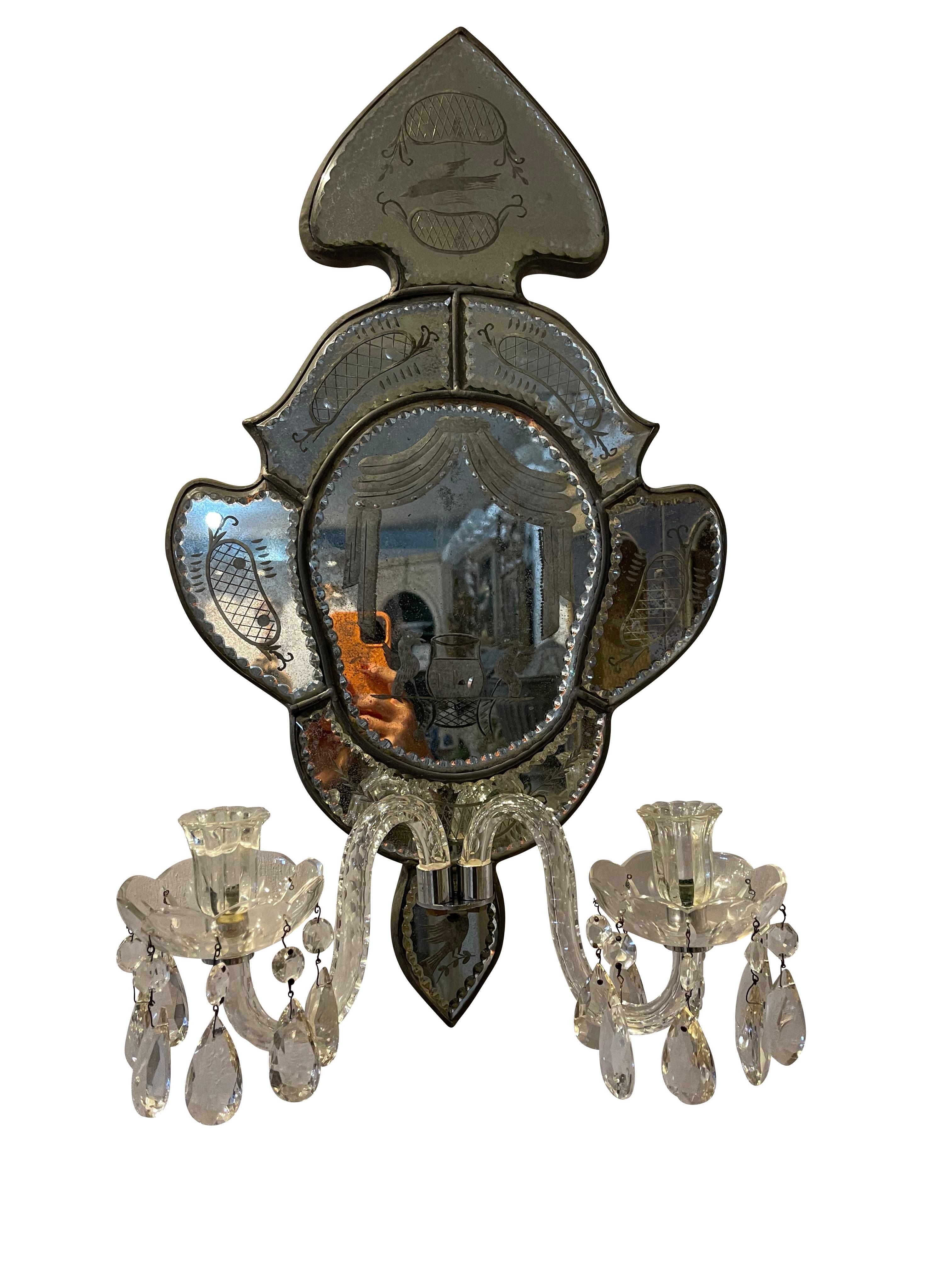 Etched Antique Venetian Two Arm Silver Mirrored Candle Sconces with Etching For Sale