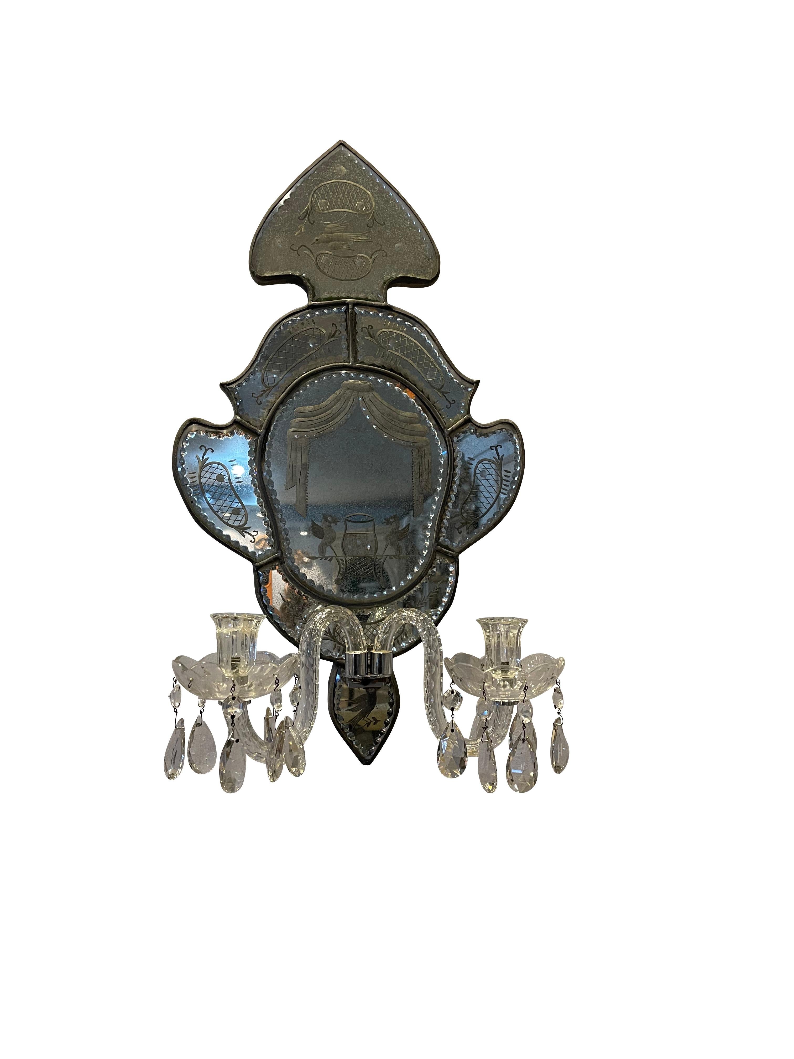 19th Century Antique Venetian Two Arm Silver Mirrored Candle Sconces with Etching For Sale