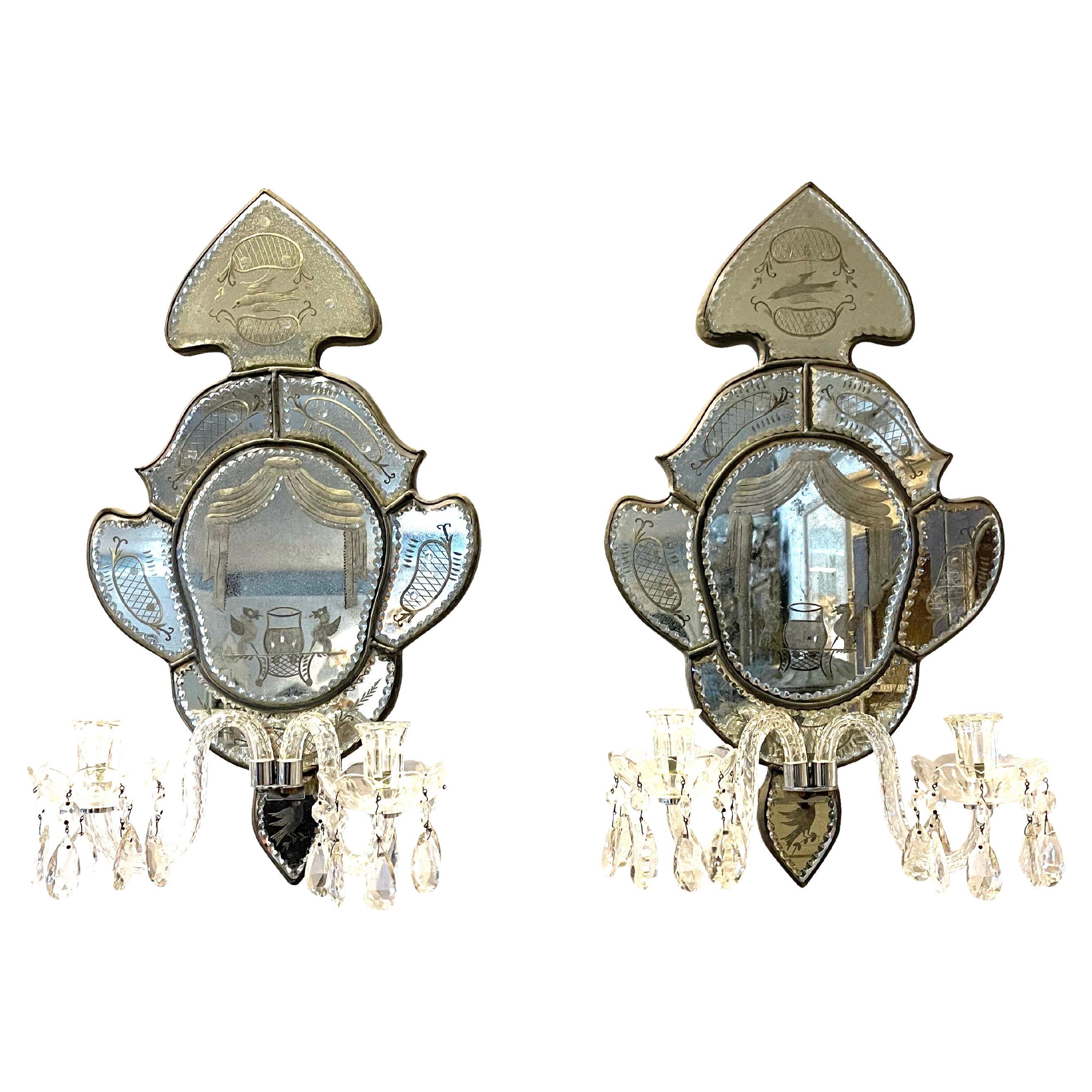 Antique Venetian Two Arm Silver Mirrored Candle Sconces with Etching For Sale