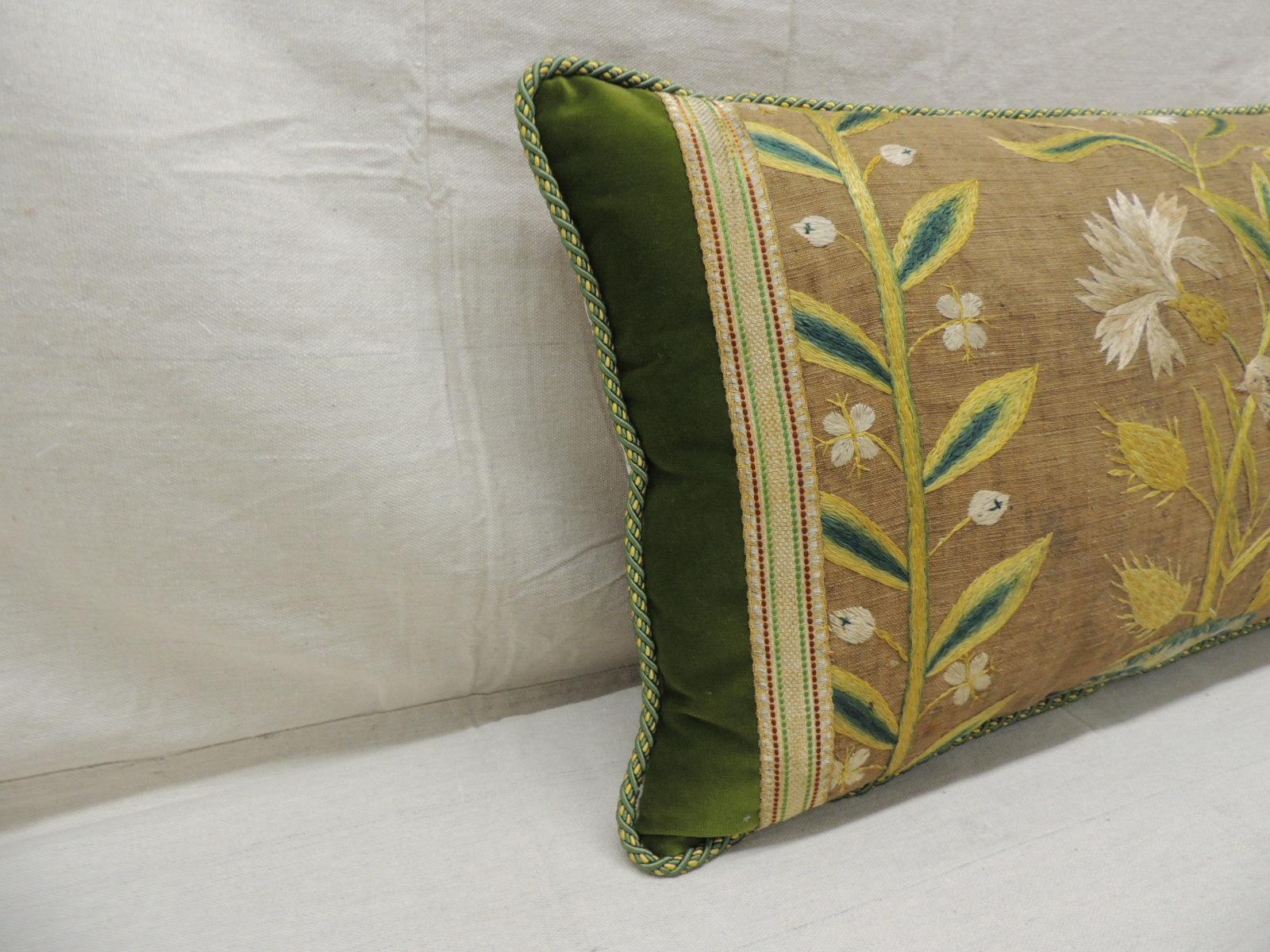 Antique Venetian yellow and green floral embroidered bolster decorative pillow.
Italian floral silk floss thread embroidered on linen.
Embellish with antique gold military style metallic threads flat trim.
Framed with hunter green silk velvet