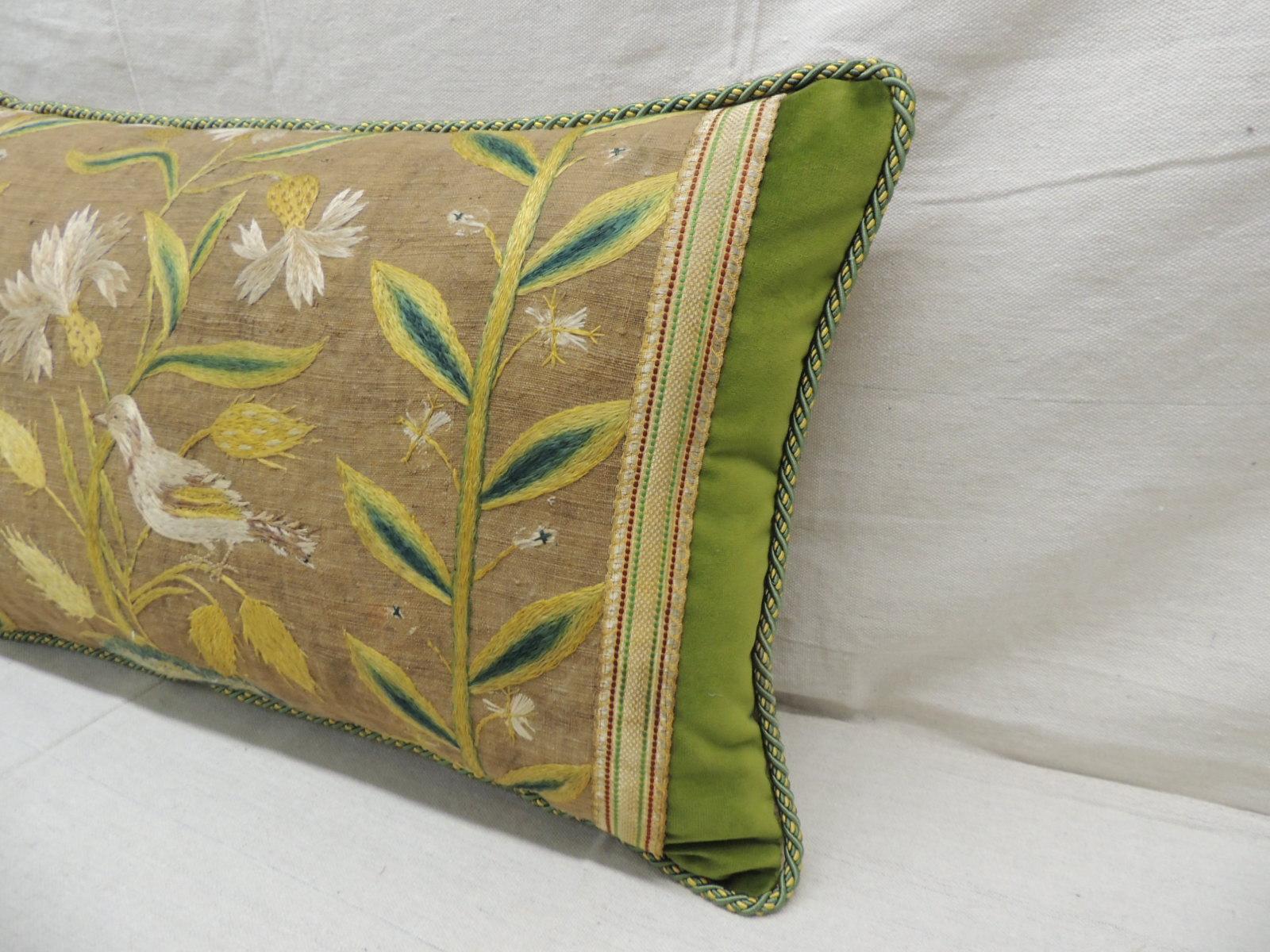 Italian Antique Venetian Yellow and Green Floral Embroidered Bolster Decorative Pillow