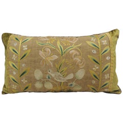 Antique Venetian Yellow and Green Floral Embroidered Bolster Decorative Pillow
