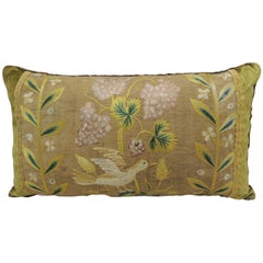Antique Venetian Yellow and Green Floral Embroidered Bolster Decorative Pillow
