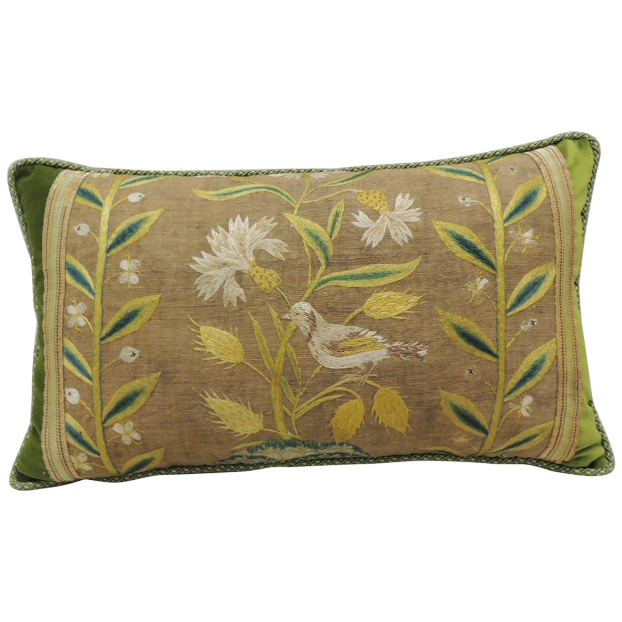 Antique Venetian Yellow and Green Floral Embroidered Bolster Decorative Pillow