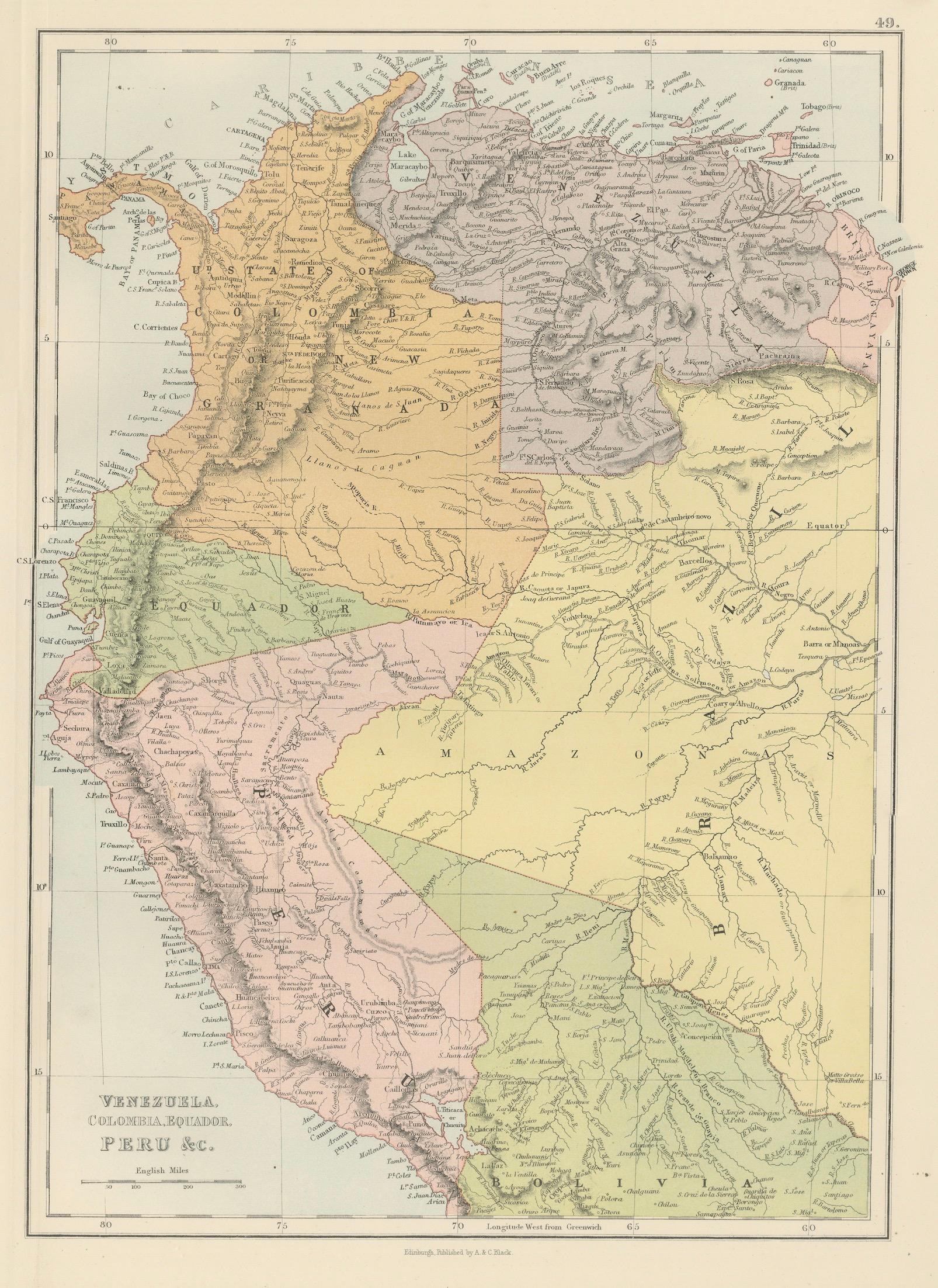 Antique Venezuela, Colombia, Ecuador & Peru Map, Bartholomew, 1884