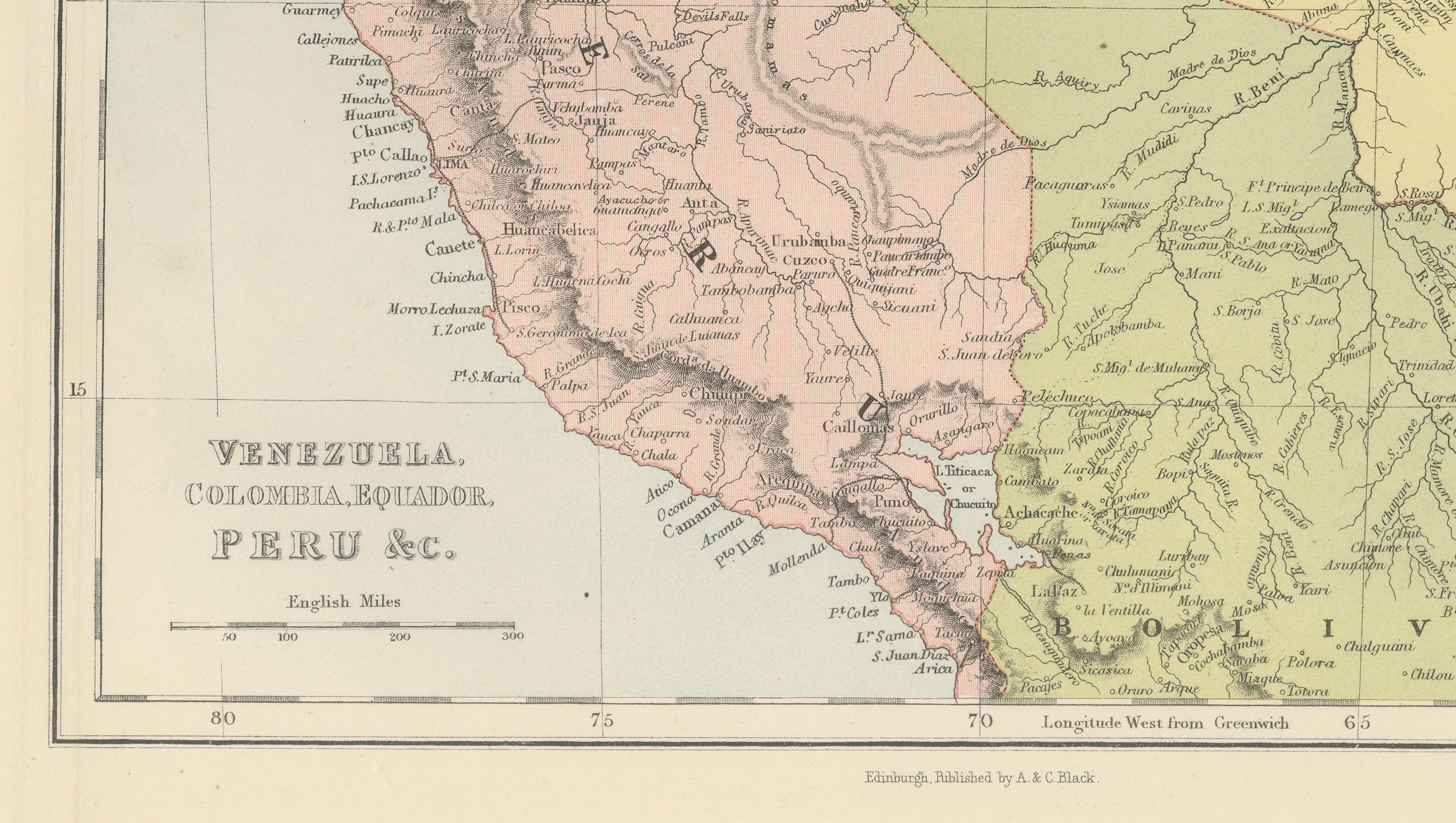 Antique Venezuela, Colombia, Ecuador & Peru Map, Bartholomew, 1884