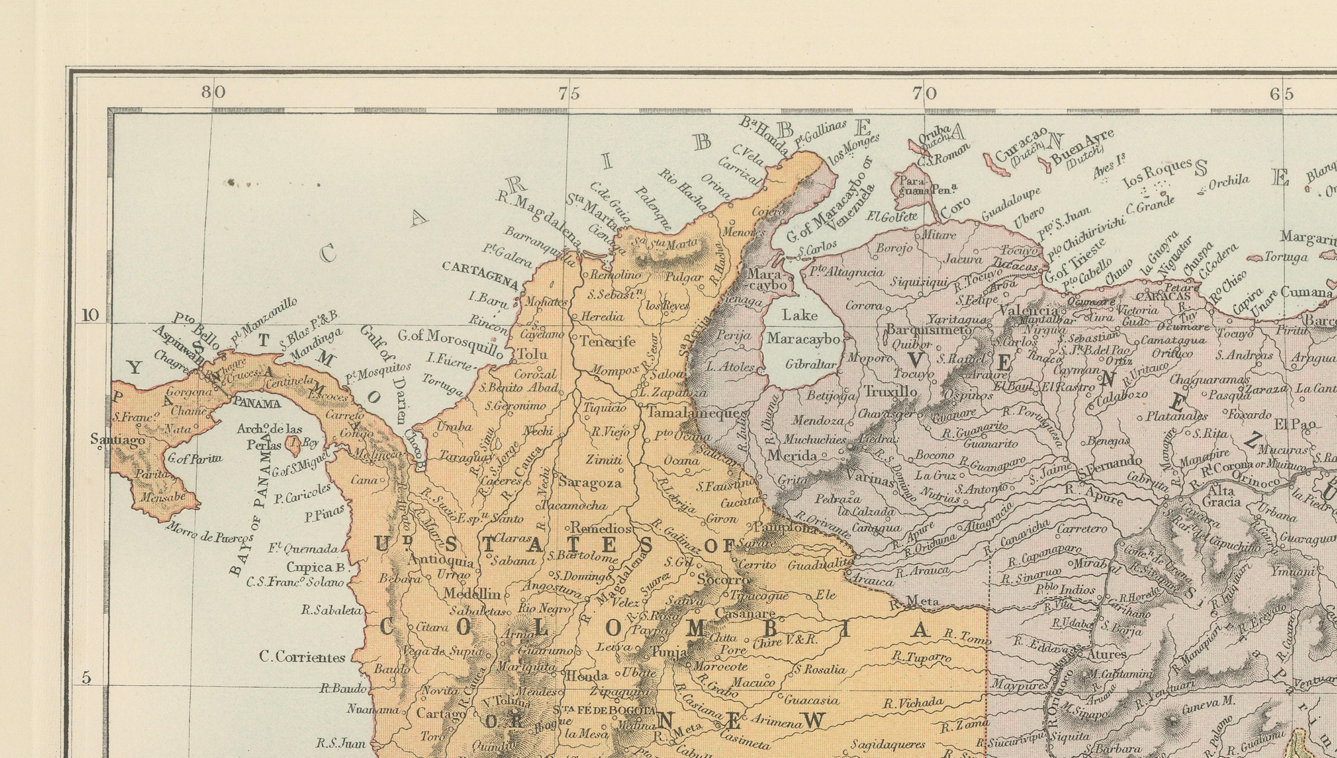 Antique Venezuela, Colombia, Ecuador & Peru Map, Bartholomew, 1884