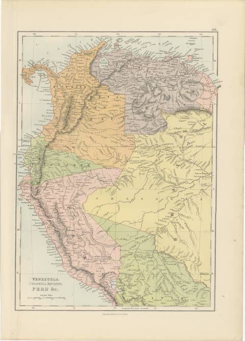 Antique Venezuela, Colombia, Ecuador & Peru Map, Bartholomew, 1884