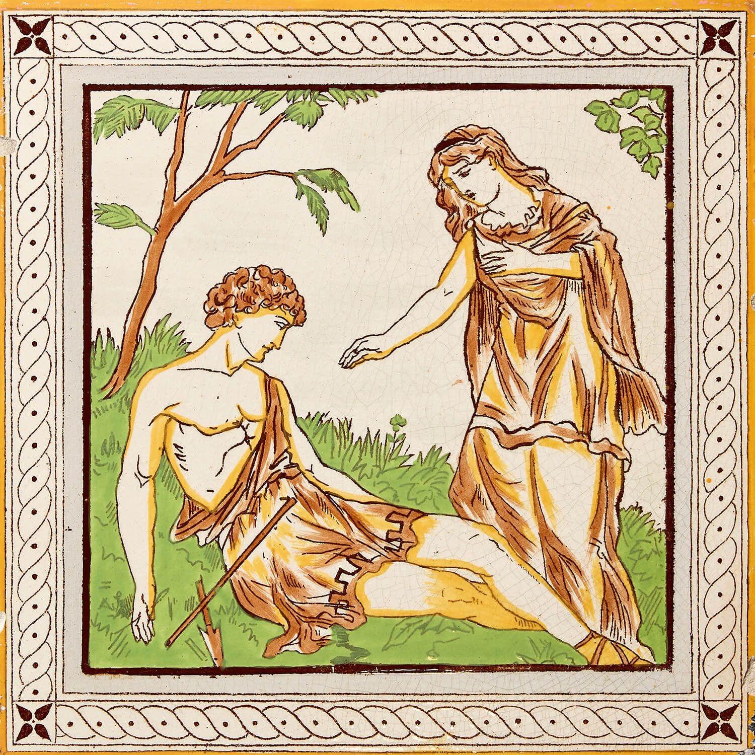 Neoclassical Antique Venus & Adonis Tile by Minton Hollins For Sale