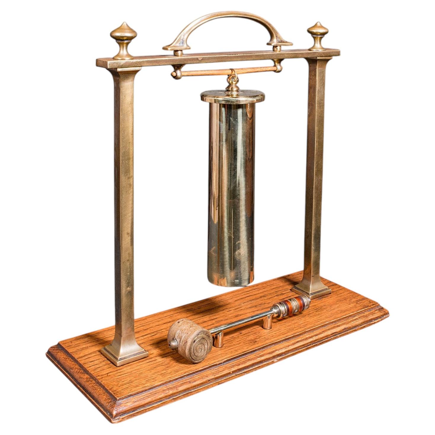 Antique Veranda Supper Bell, Brass, Oak, Afternoon Tea Gong, Edwardian, C.1910