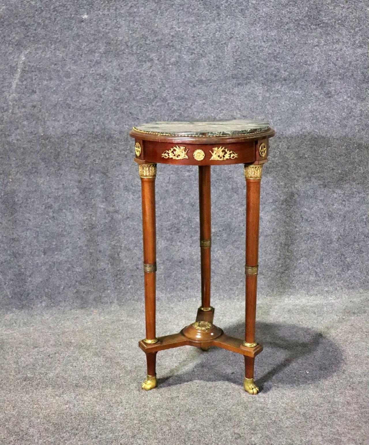 Brass Antique Verdi Green Marble Top French Empire Pedestal End Table Circa 1870 For Sale
