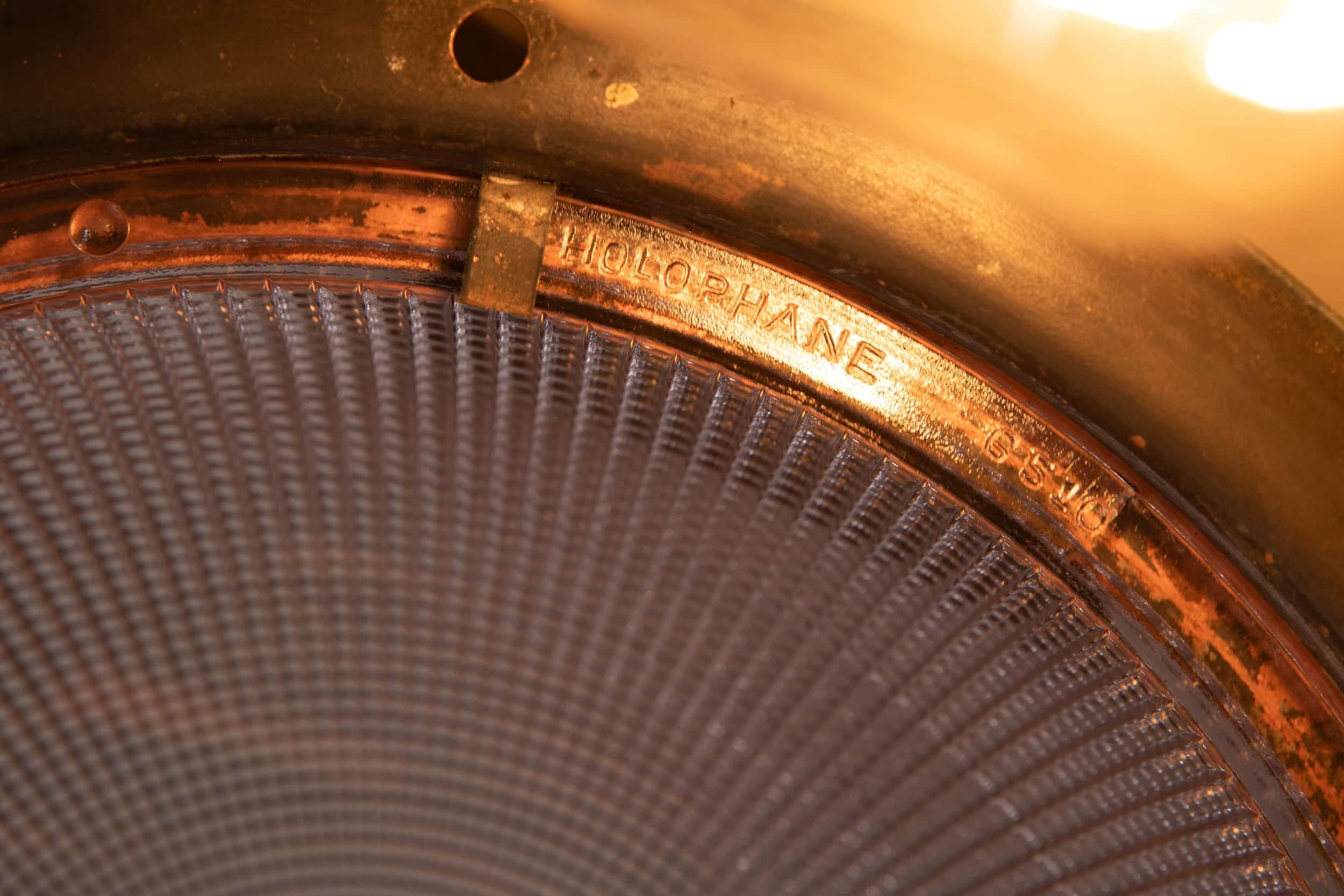 Antique Verdigris Copper Holophane Flush Mounted Bulkhead Metro Light (Französisch) im Angebot