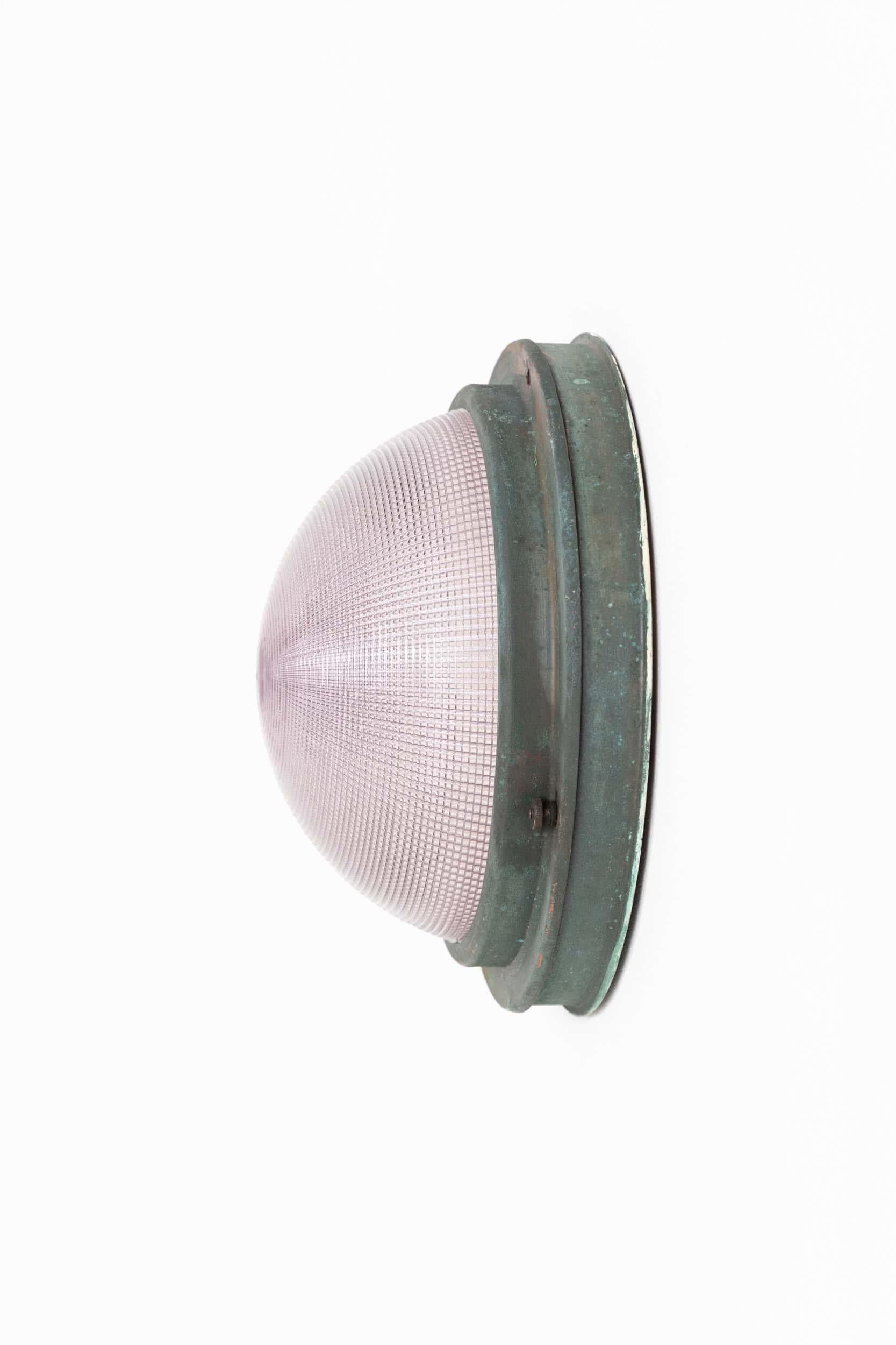 Antique Verdigris Copper Holophane Flush Mounted Bulkhead Metro Light (Gepresst) im Angebot