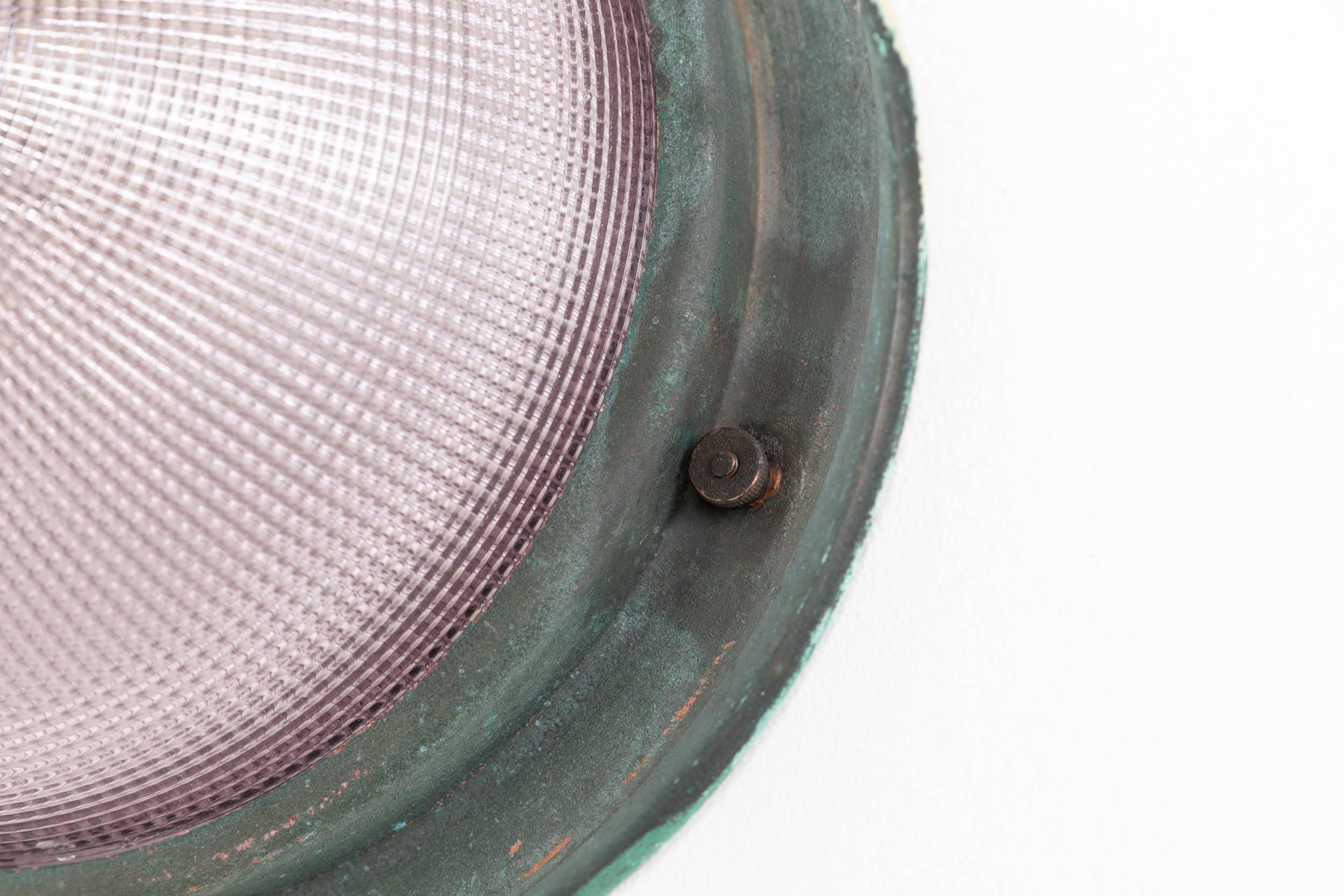 Antique Verdigris Copper Holophane Flush Mounted Bulkhead Metro Light (Frühes 20. Jahrhundert) im Angebot