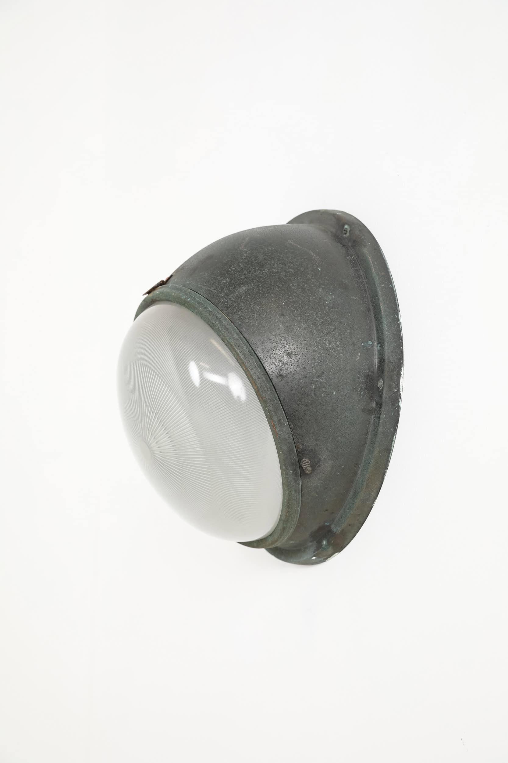 Antique Verdigris Copper Holophane Flush Mounted French Metro Bulkhead Light (Französisch) im Angebot