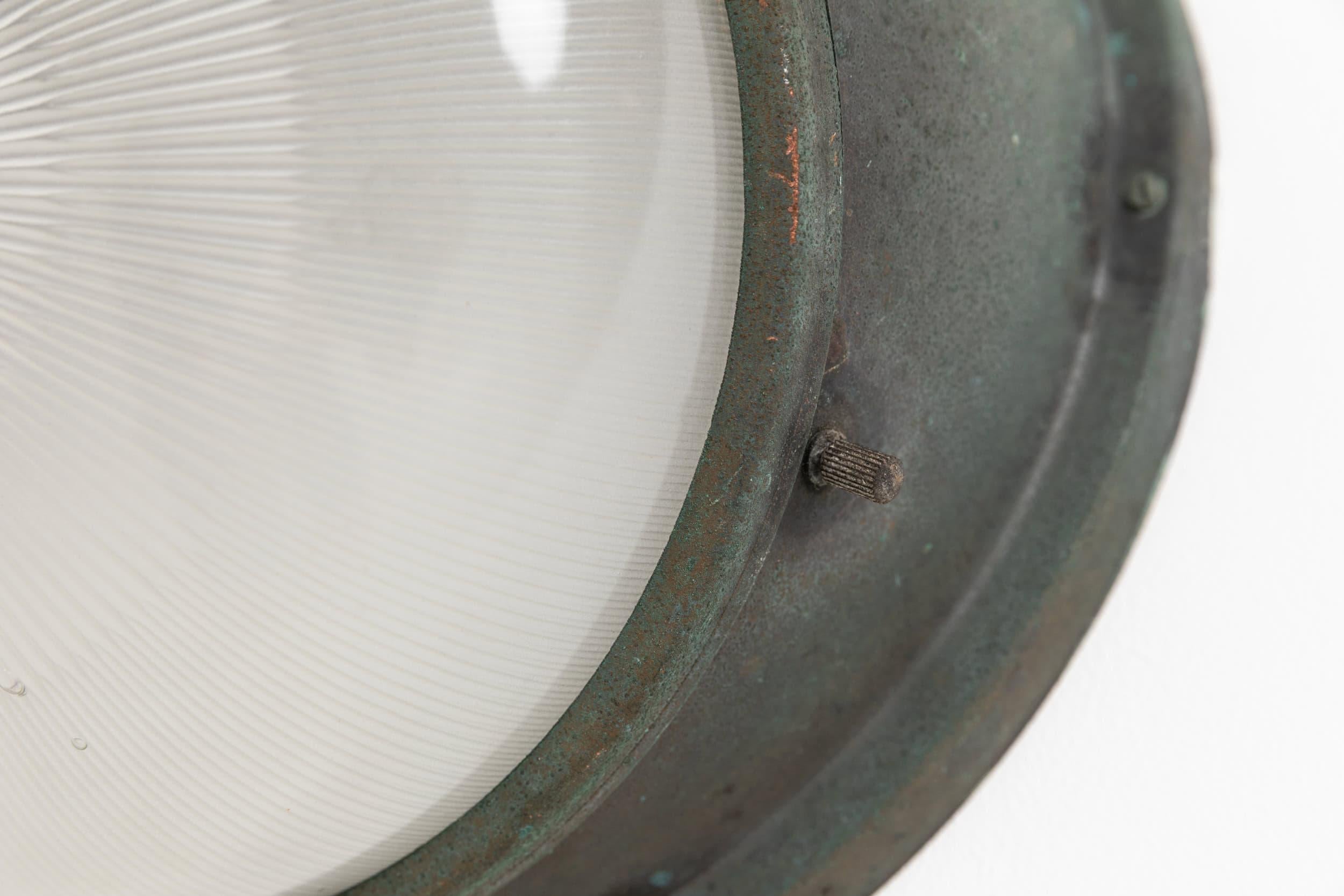 Antique Verdigris Copper Holophane Flush Mounted French Metro Bulkhead Light im Zustand „Gut“ im Angebot in London, GB